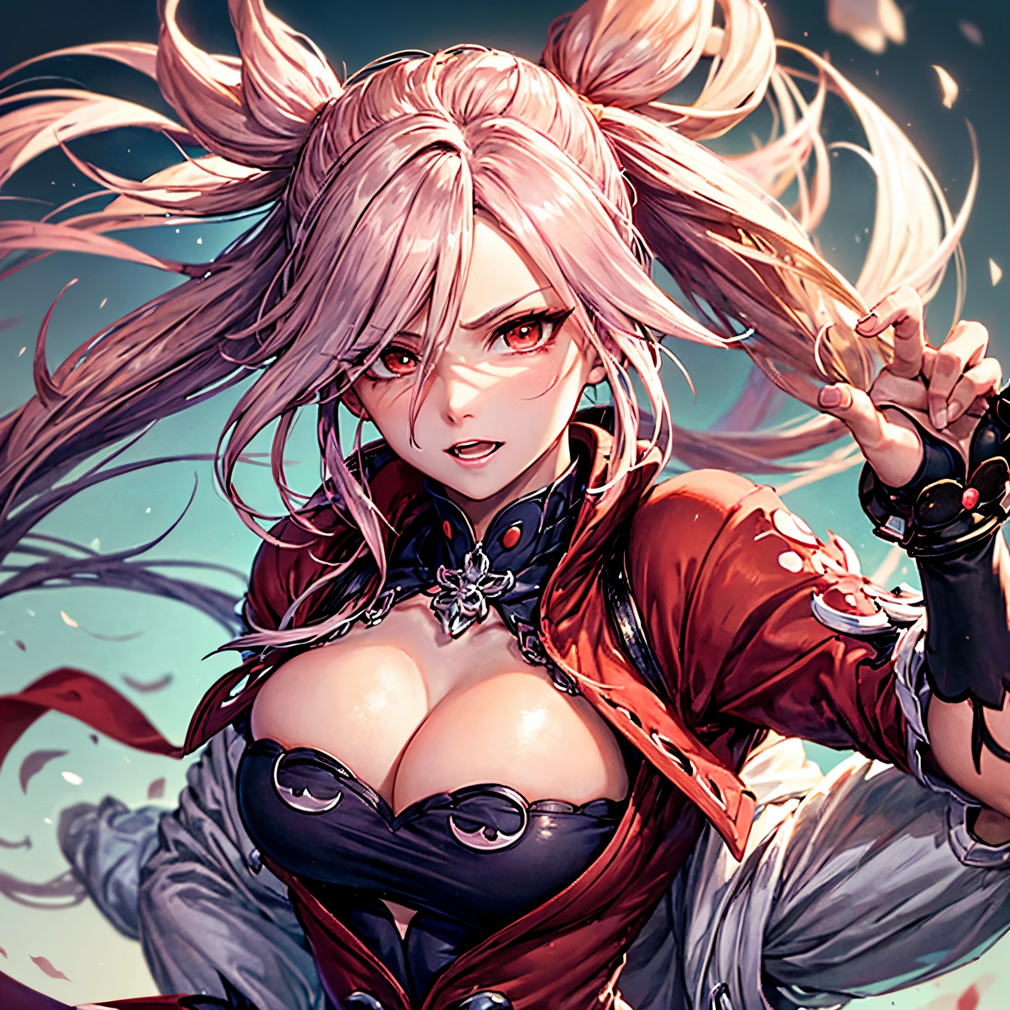 ((Baiken)), cabello rojo, cuerpo completo 1.5, ropa estilo oriental, Neon colors, ((16K resolution)), dragon background, sin ruido, luminoso, cara bien, expression of happiness, detallado, pose de pie