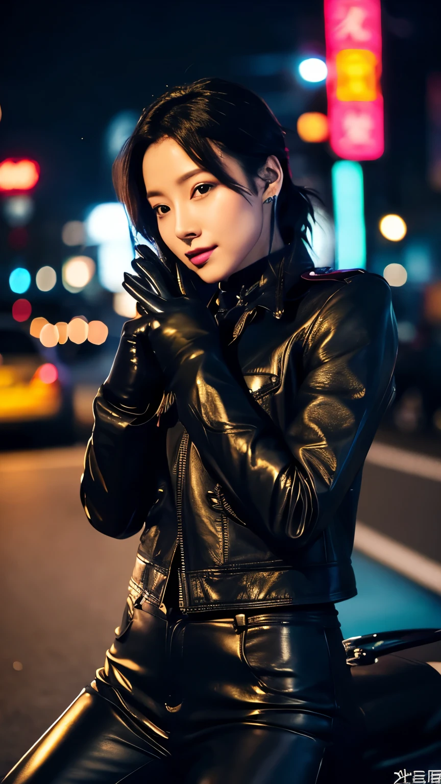 black leather rider jacket, Office in the Dark, Black leather gloved fingertips on both hands,Wearing black leather gloves,Sitting in a black leather chair、 Japanese female new recruits (Black leather gloves cover both hands) (The angle is horizontal)、Black Leather Pants,Black Leather Black Leather Pants,Black Leather Skinny Pants、Long black leather boots on both feet、Black hair ponytail ((He wears black leather gloves on his hands))Full Body Photo,full body shot full body full body leather suit,☺If you turn in this direction。Wearing black leather gloves,Wearing black leather gloves,Wearing black leather gloves,Wearing black leather gloves,Wearing black leather gloves,Wearing black leather gloves,黒のレザーパンツが美しい😍黒のレザーパンツが美しい😍黒のレザーパンツが美しい,😍Smiling while looking at me,City lights、((Neon Cyberpunk City Street:1.3))、(Neon Light)、Detailed lighting、
Best image quality、Ultra-high resolution、(realism:1.4)、Korean Beauty Star、The most beautiful KPOP stars、face、Horny Korean Makeup、A body that makes you want to touch it、Realistic leather texture、Costume made of smooth leather fabric、The drape of the curved parts of the leather fabric、The costume is very shiny、Quality of the costume、8K Photo Quality