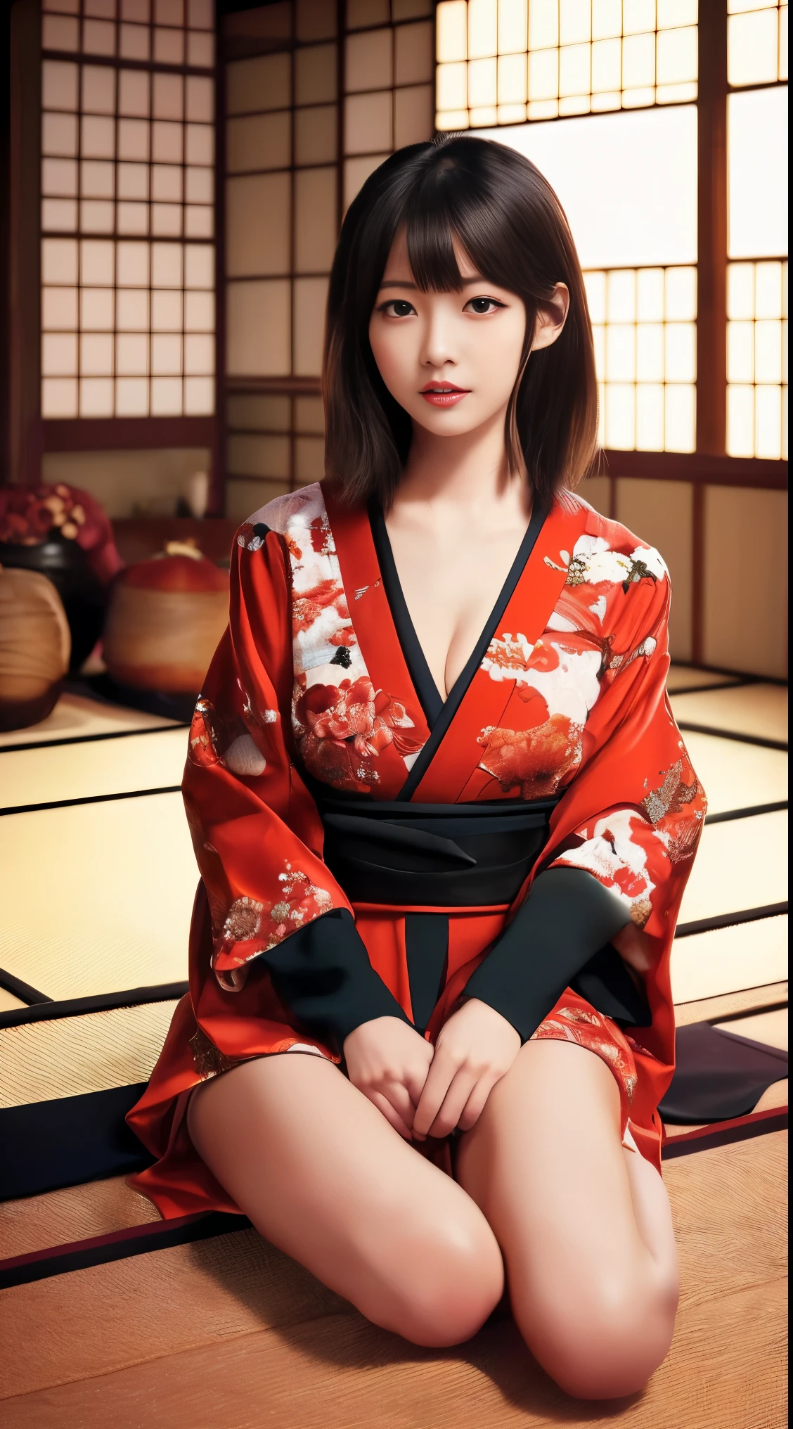 最high quality、high quality、Best image quality、8k、最High resolution、High resolution、最high quality、masterpiece、RAW Photos、whole body写真、Detailed and realistic human body、Detailed and realistic skin、Realistic face in every detail、Detailed and realistic eyes、Detailed and realistic lips、Detailed and realistic teeth、Detailed and realistic ears、Detailed and realistic hair、Realistic reproduction of every detail、((Beautiful Hands(thumb１、reference４))、Realistic feet down to the last detail、((Beautiful Japanese Girl))、(Japanese Model)、((18 year old beautiful girl))、(Black Hair)、(Random Hairstyles)、((whole body))、((Slim and perfect figure))、(Beautiful and firm breasts)、(whole body光沢肌、Fair skin)、Soft natural light、China dress、kimono、Ninja costume、Japanese tradition、Japan House、Japanese-style house、Tatami room、((Colorful see-through(Goldfish pattern ninja costume))、((Sitting in Japanese style indoors(Sitting upright with your knees bent))、