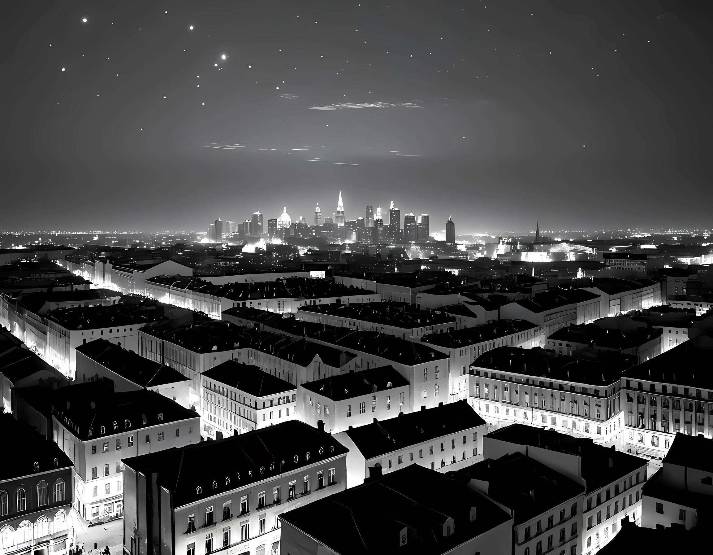  a black and white picture of an city sky line view, its night time, the sky is full of stars, and the city is lit by lamps,  made by a late 19th century camera, star