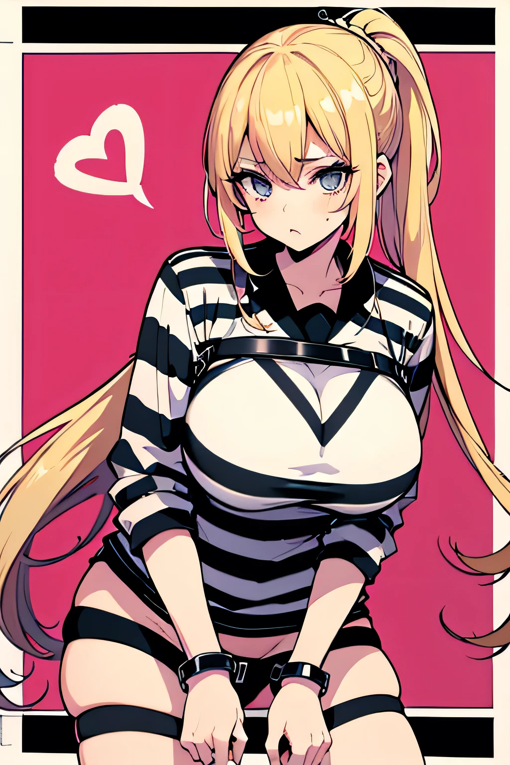 Long blonde hair, handcuffed, arrested, mature female, milf, big breasts ,40 years old, pon prison uniform, prisoner, black and white stripe prison uniform, waifu material, mature, oneesan, ponytail 