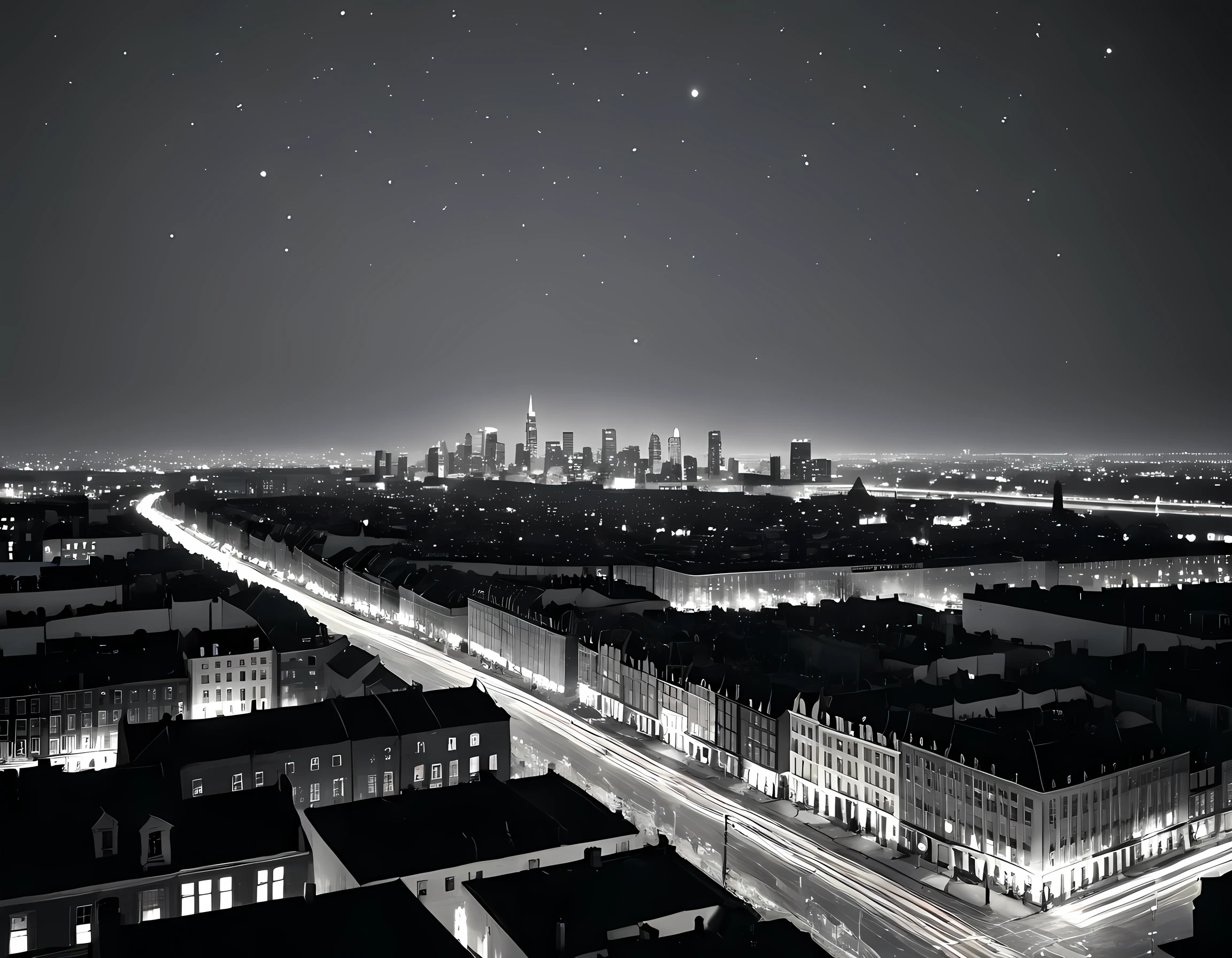  a black and white picture of an city sky line view, its night time, the sky is full of stars, and the city is lit by lamps,  made by a late 19th century camera, star