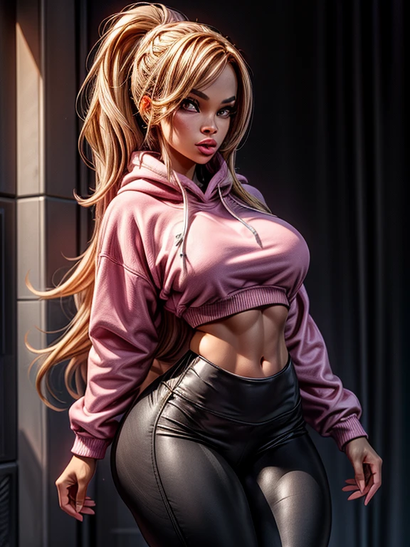 {(Faith Evans legging preto de couro, pink fleece sweatshirt, sensual)perfect symmetrical body, cintura fina, coxas musculosas}.