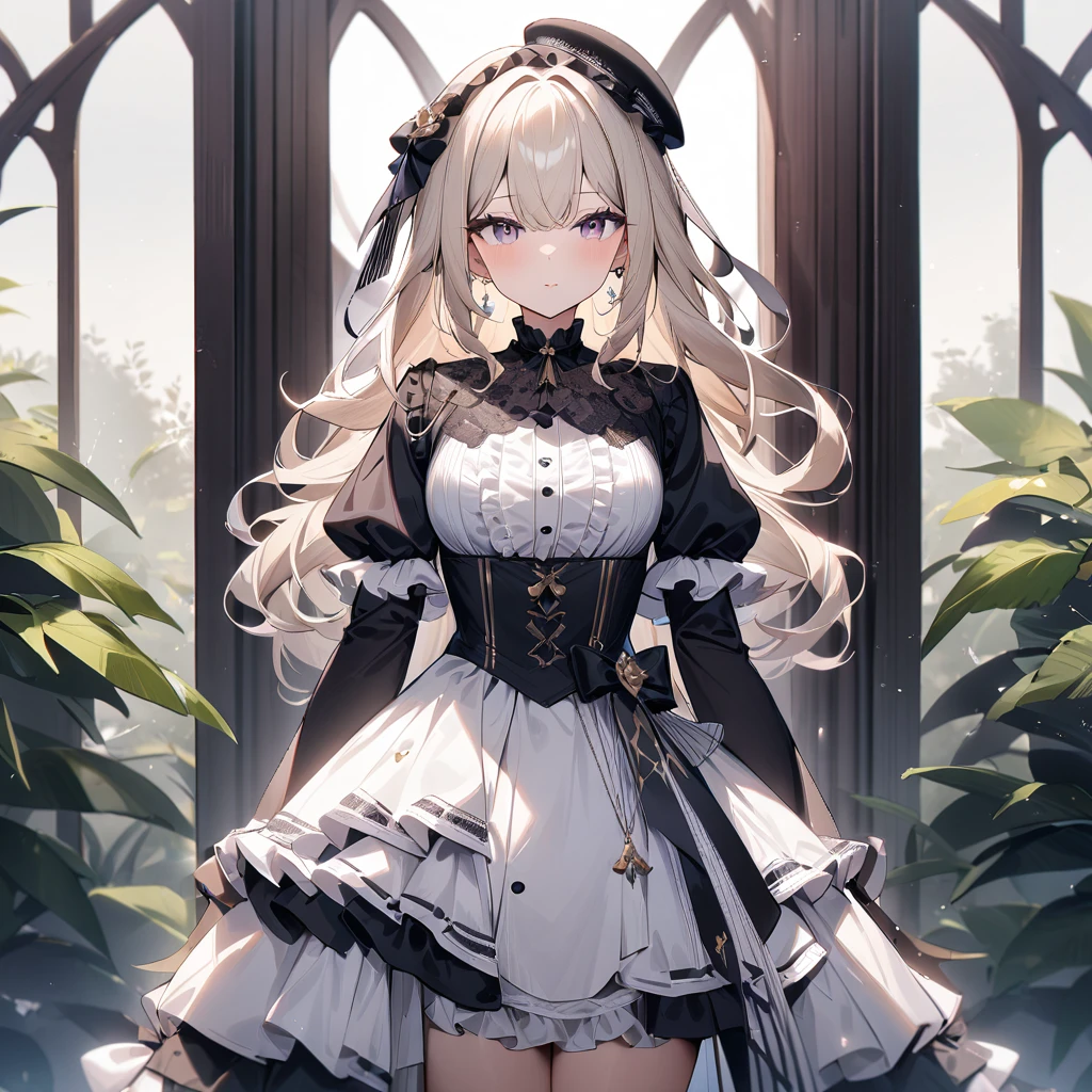1 girl,best quality, very aesthetic, absurdres,looking at viewer,front view,Lovely lady,high-grade,layer,westfrill,light hair,multilayer,black,trim,side-Crisscross
