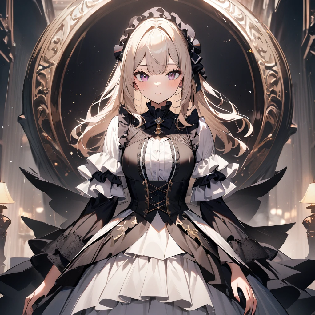 1 girl,best quality, very aesthetic, absurdres,looking at viewer,front view,Lovely lady,high-grade,layer,westfrill,light hair,multilayer,black,trim,side-Crisscross