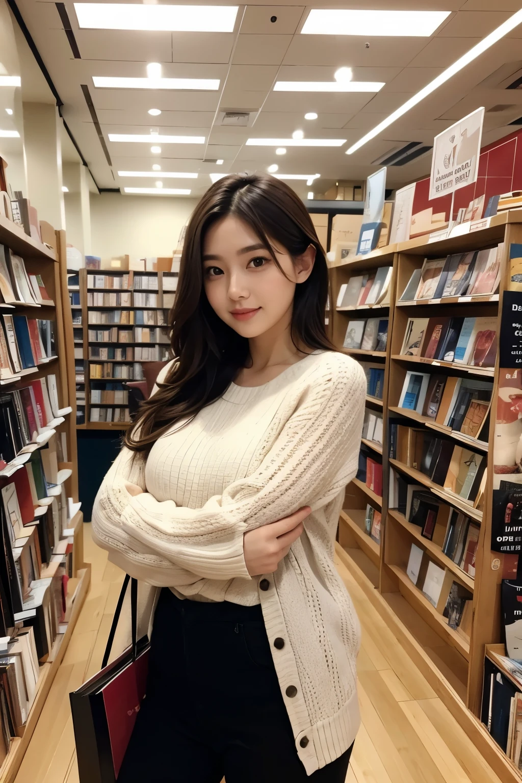 Beautiful woman standing in a bookstore, magazine pose,