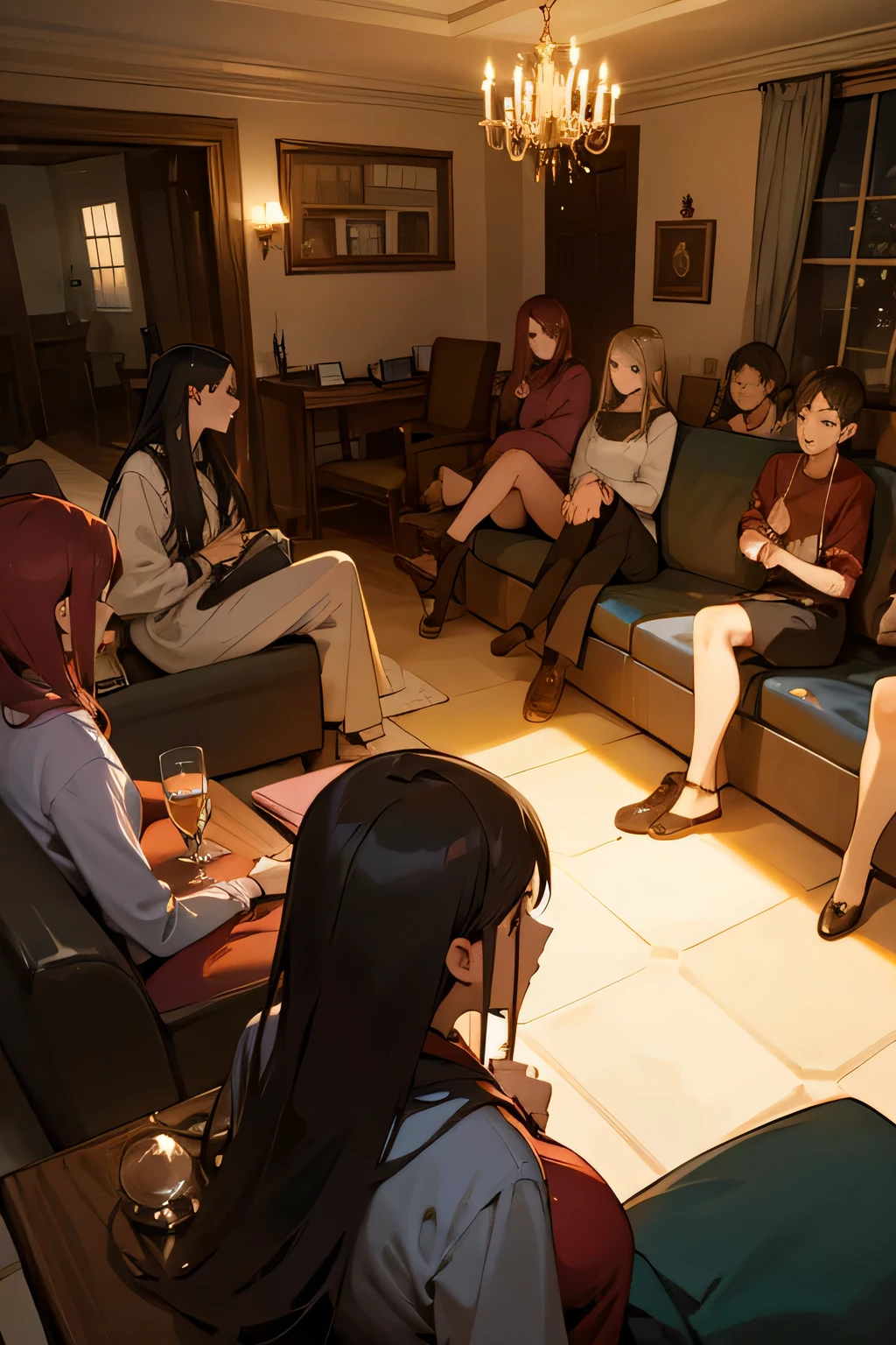 Female house Party in the living room, with people drinking and talking.