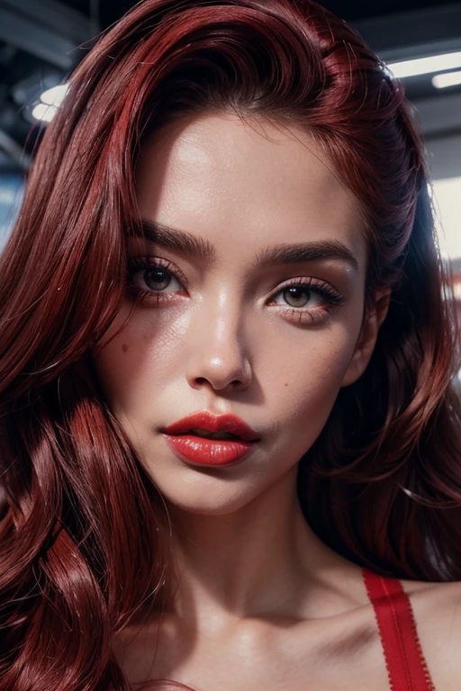 super realistic 8k super detailed face big red lips big pumped lips plastic surgery lips lots red lipstick sexy lips micro bra deep cleqavaage gym