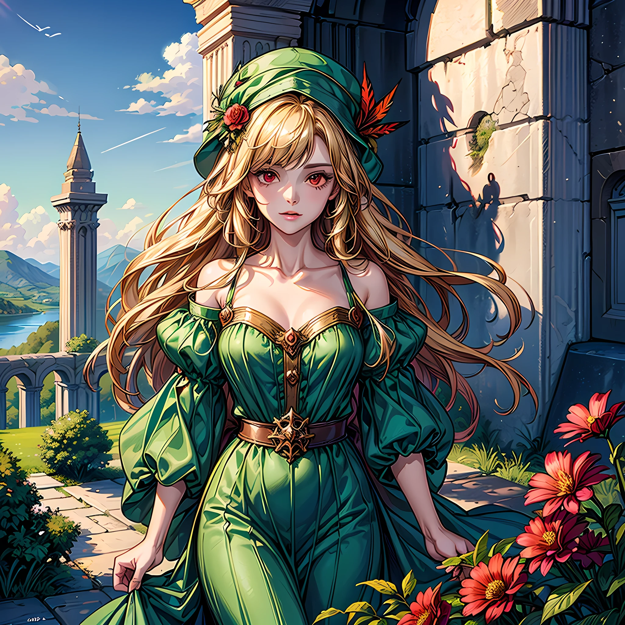 best quality, (masterpiece:1.2), illustration, absurdres,  portrait (1girl, solo), (beautiful detailed girl), golden hair, long hair, red eyes, medium breasts,, shy, green hat, hat with feather ornament, negligee dress, (fantasy:1.1) (medieval:1.1) outfit, not looking directly at the camera, flowers, fairy ring, ancient ruins, stone ruins, lake, sky, clouds