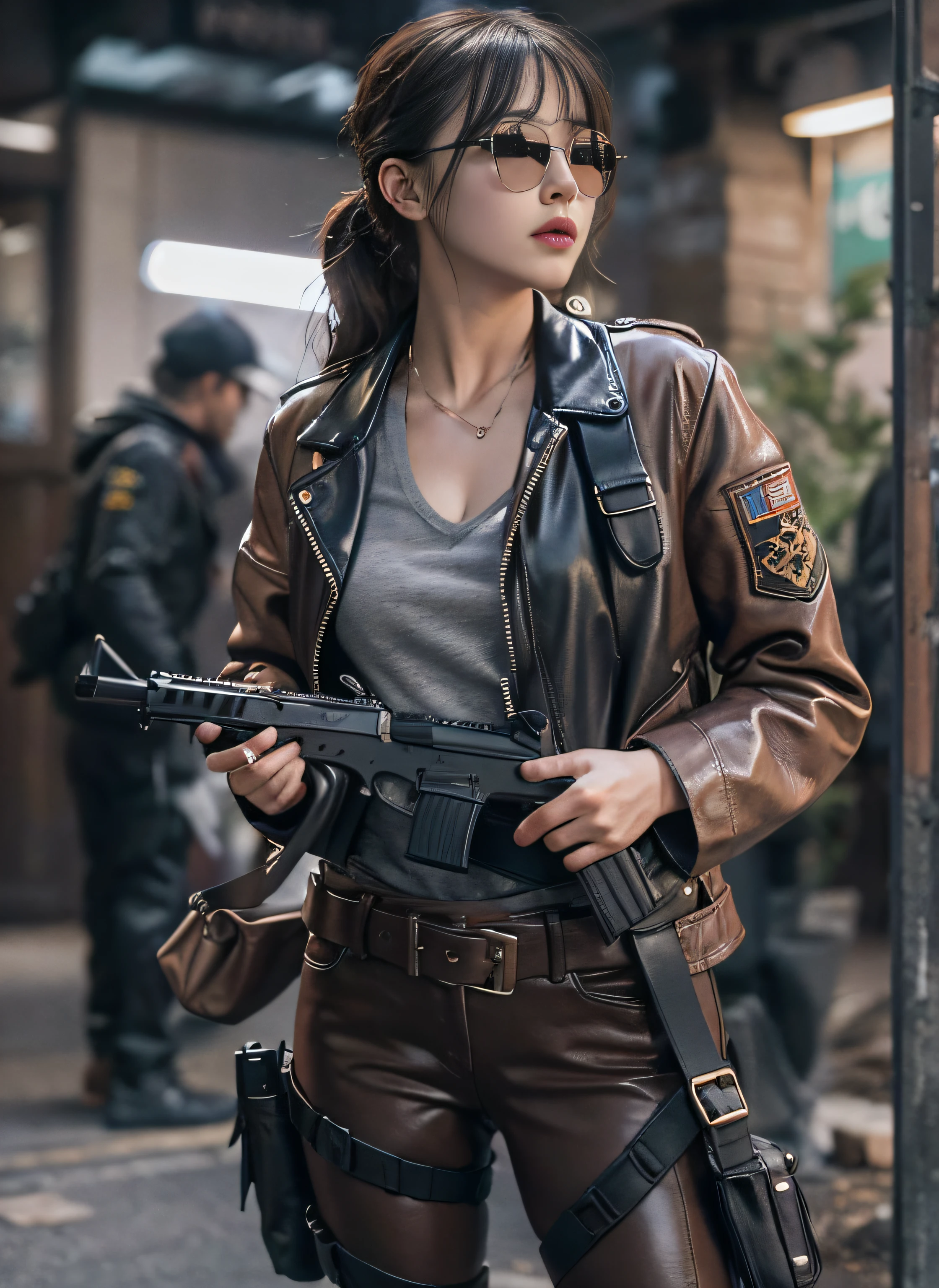 (echtes Foto、high-resolution image quality、top quality)PR for Drama, City Detective, Frauen mit mittlerer Oberweite,Sonnenbrille, Dunkelgraues Detitonim, Black belt with holster and magazine,Braune Lederjacke, Military harness, holster, Niet, Explosionen, Gunfight , just a body, Riskieren Sie Ihr Leben、(Draw precisely down to the smallest detail)、Secret terrorist bases、Dunkler Betonraum、Rear view、Look back