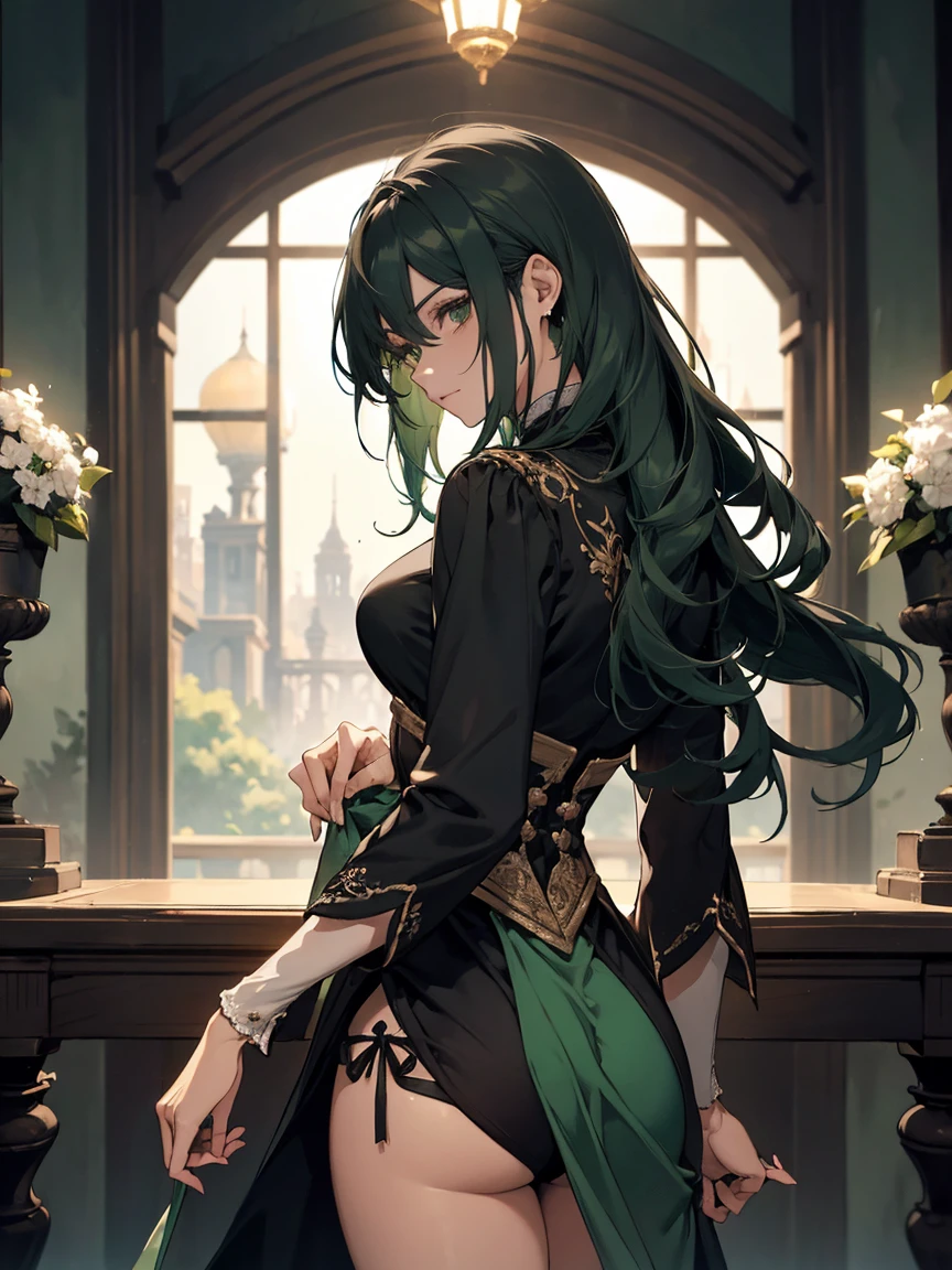 1mujer, maestro, vistiendo un traje de tinte verde sucio, corbata verde, Bootyshorts, orejas de zorro rotas y sucias con tinte verde, grueso, pecho grande, dirty green dyed hair, cabello corto, ojos blancos, Cara al detalle, ojos detallados, The background is a dark room, mostrando sus colmillos, mirando a la pantalla.