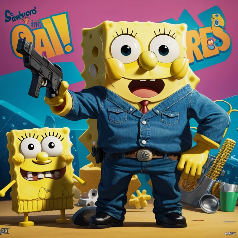 Spongebob with a pistol dressed as a gangster