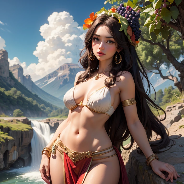 Goddess Aphrodite, bunches of grapes in her hair, narrow loincloth, Mount Olympus, red wine waterfall