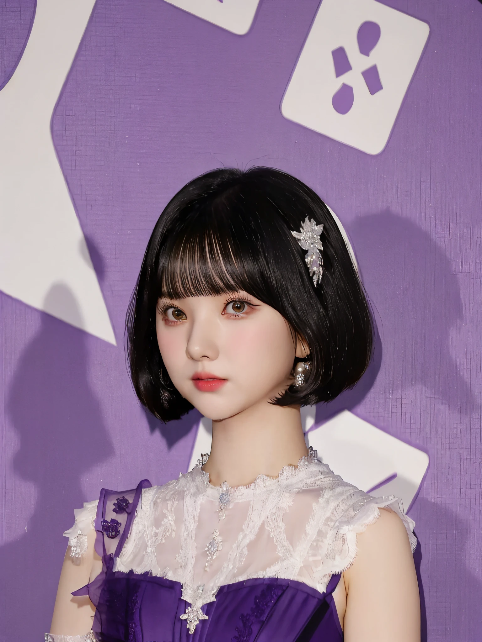 ((1girl)), bob haircut, fringe, black hair, ((purple dress)), short dress, white background, portrait 