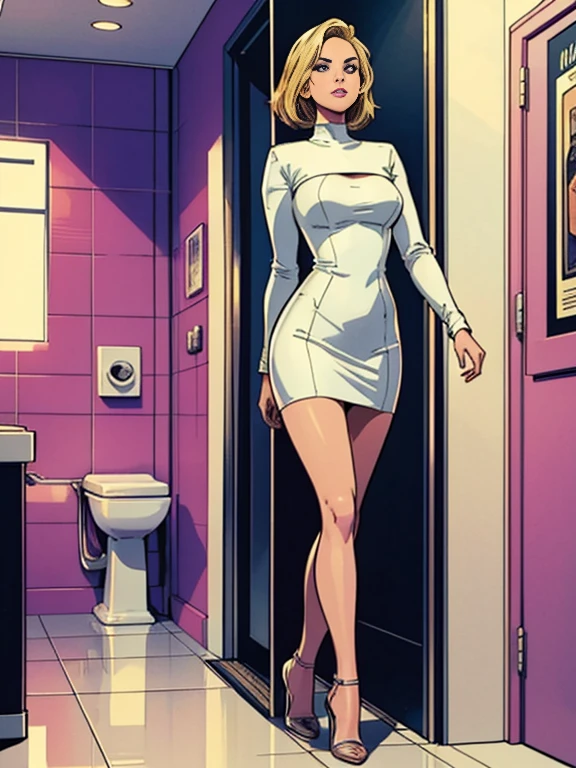 Comic storyboard:1.8, comic strip,comic:: Jennifer Lawrence,Selena Gomez(1 mujer) Full body of 30-year-old blonde,bathrooms ,en una casa futurista, Estilo Comic de Marvel, hiperHD, 24K UHD