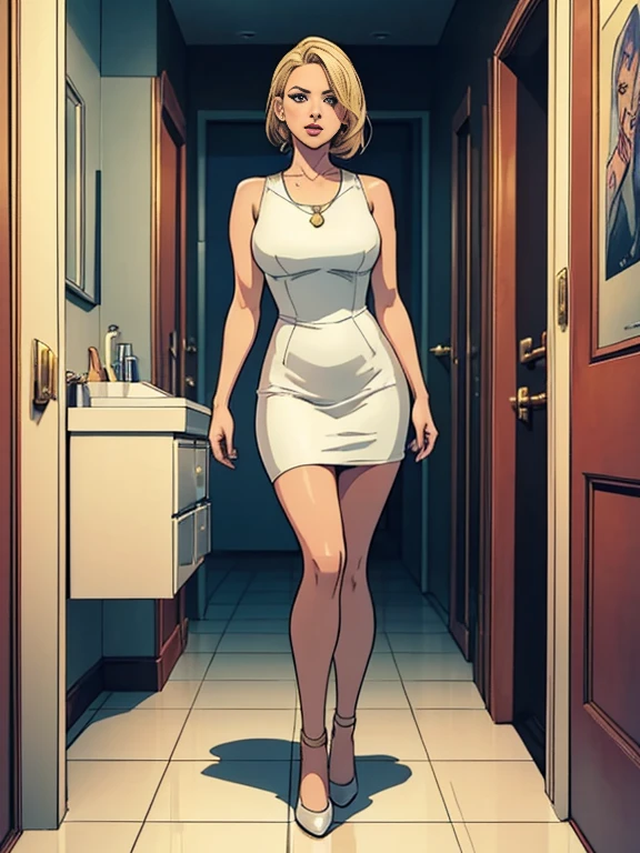 Comic storyboard:1.8, comic strip,comic:: Jennifer Lawrence,Selena Gomez(1 mujer) Full body of 30-year-old blonde,bathrooms ,en una casa futurista, Estilo Comic de Marvel, hiperHD, 24K UHD