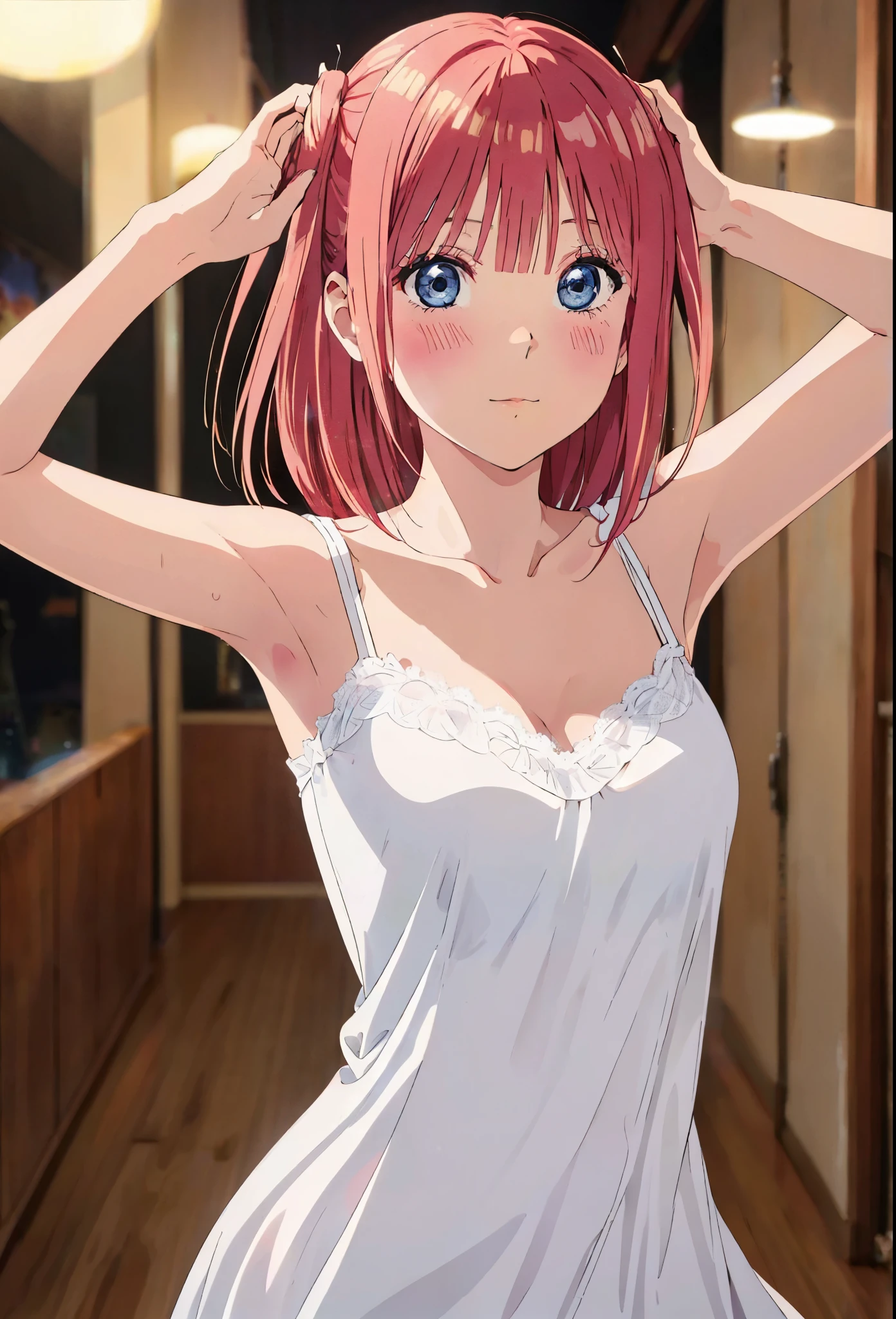 Smile, smiley face, (1 girl) Sfw, nino nakano, pretty age girl with fluffy long pink silky hair, blue eyes making a cute face, aamiku, Nakano nino from The Quintessential Quintuplets, nino Nakano, masterpiece, 4k, ultradetailed, cowboy shot, nakano nino, pink red hair, blue eyes, sparkling eyes, night wear, white minimal simple nightwear matching set, white iridescent matching set, white satin and lace night vest, white satin and lace tank top with thin shoulder straps, white satin light night skirt, minimal outfit, simple outfit, all white outfit, full body, dynamic pose, moving, dynamism, hair between eyes, nightwear, perfect anatomy, perfect symmetry, perfect body
