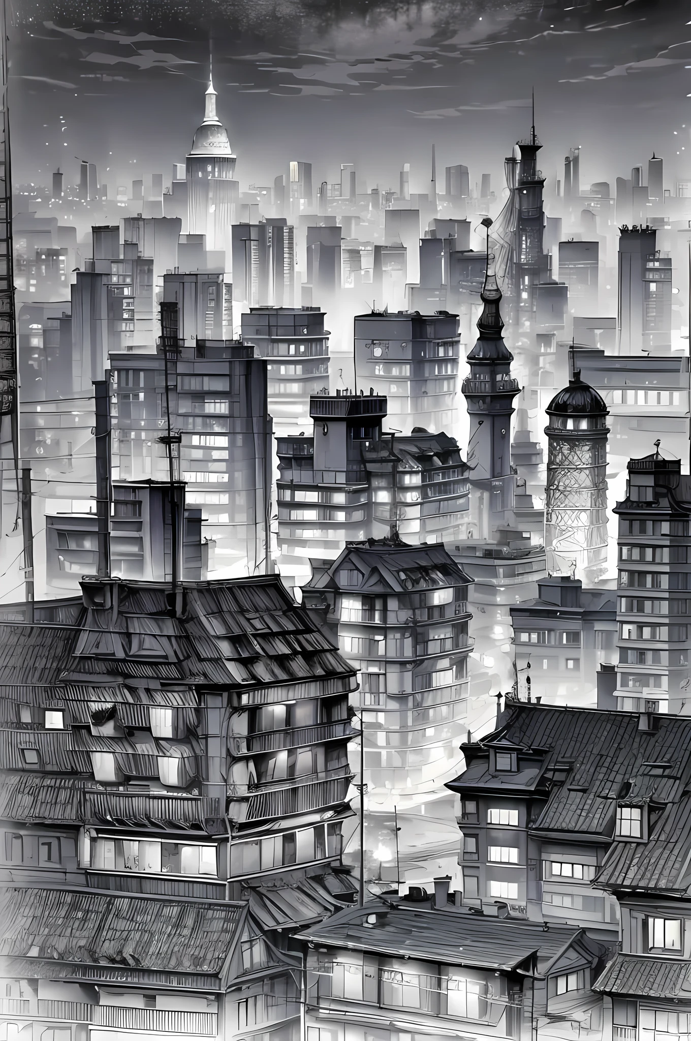  a black and white picture of an city sky line view, its night time, the sky is full of stars, and the city is lit by lamps,  made by a late 19th century camera, star, black_and_white_1920s_style