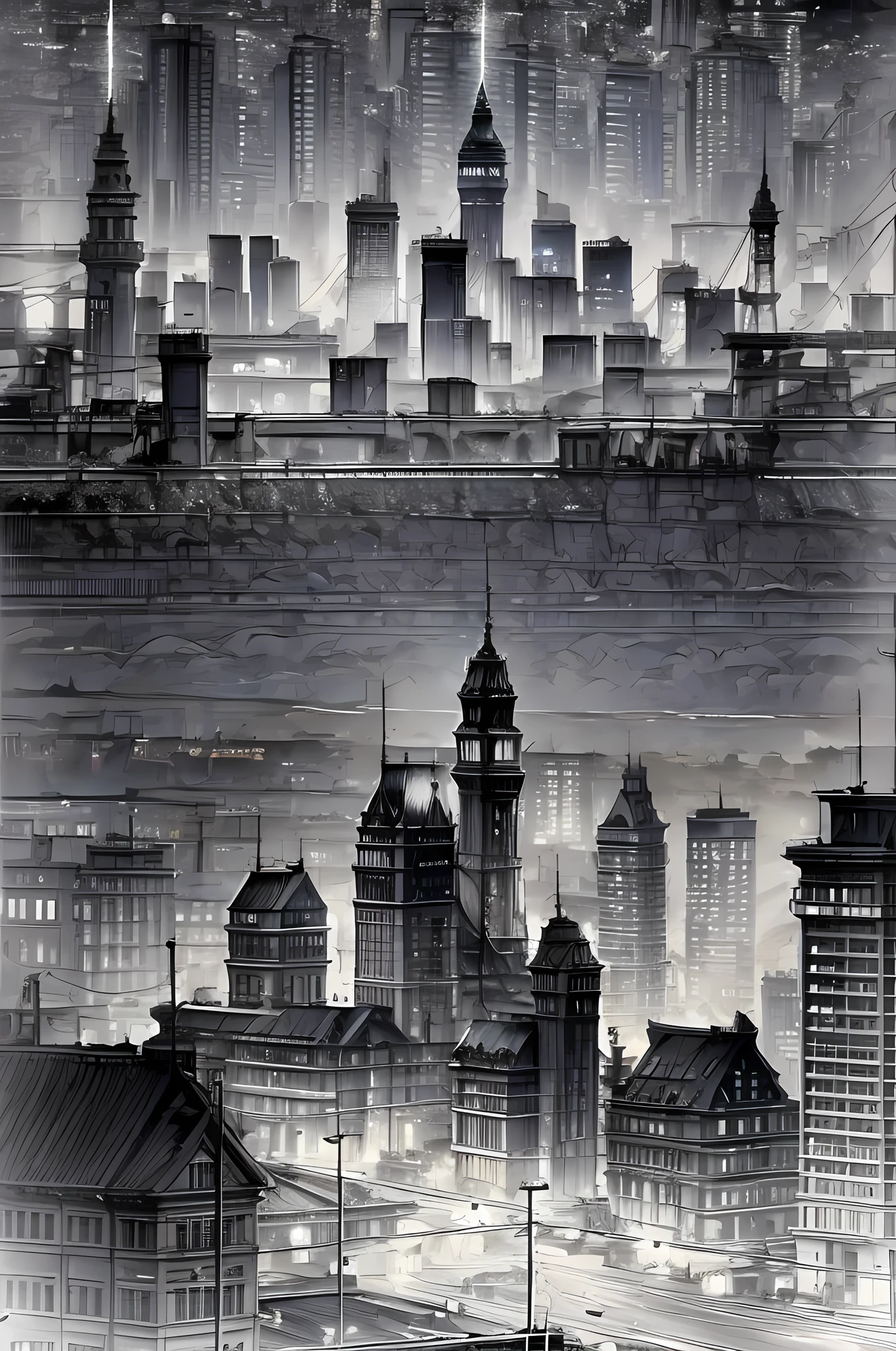  a black and white picture of an city sky line view, its night time, the sky is full of stars, and the city is lit by lamps,  made by a late 19th century camera, star, black_and_white_1920s_style