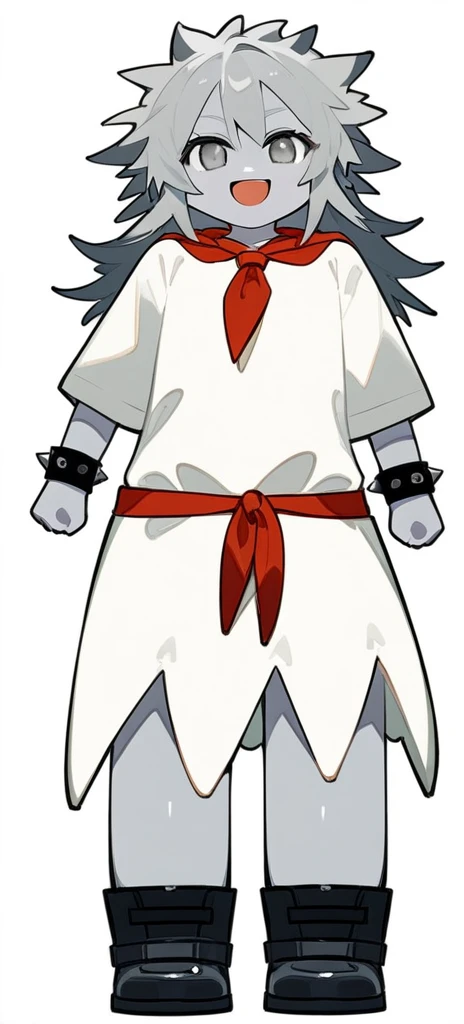 score_9, score_8_up, source_anime, masterpiece, best quality, BREAK 1girl, chibi, grey skin, open mouth smile, white dress, grey long spiked hair, grey eyes, black boots, black wristband, red neckerchief, absurdres