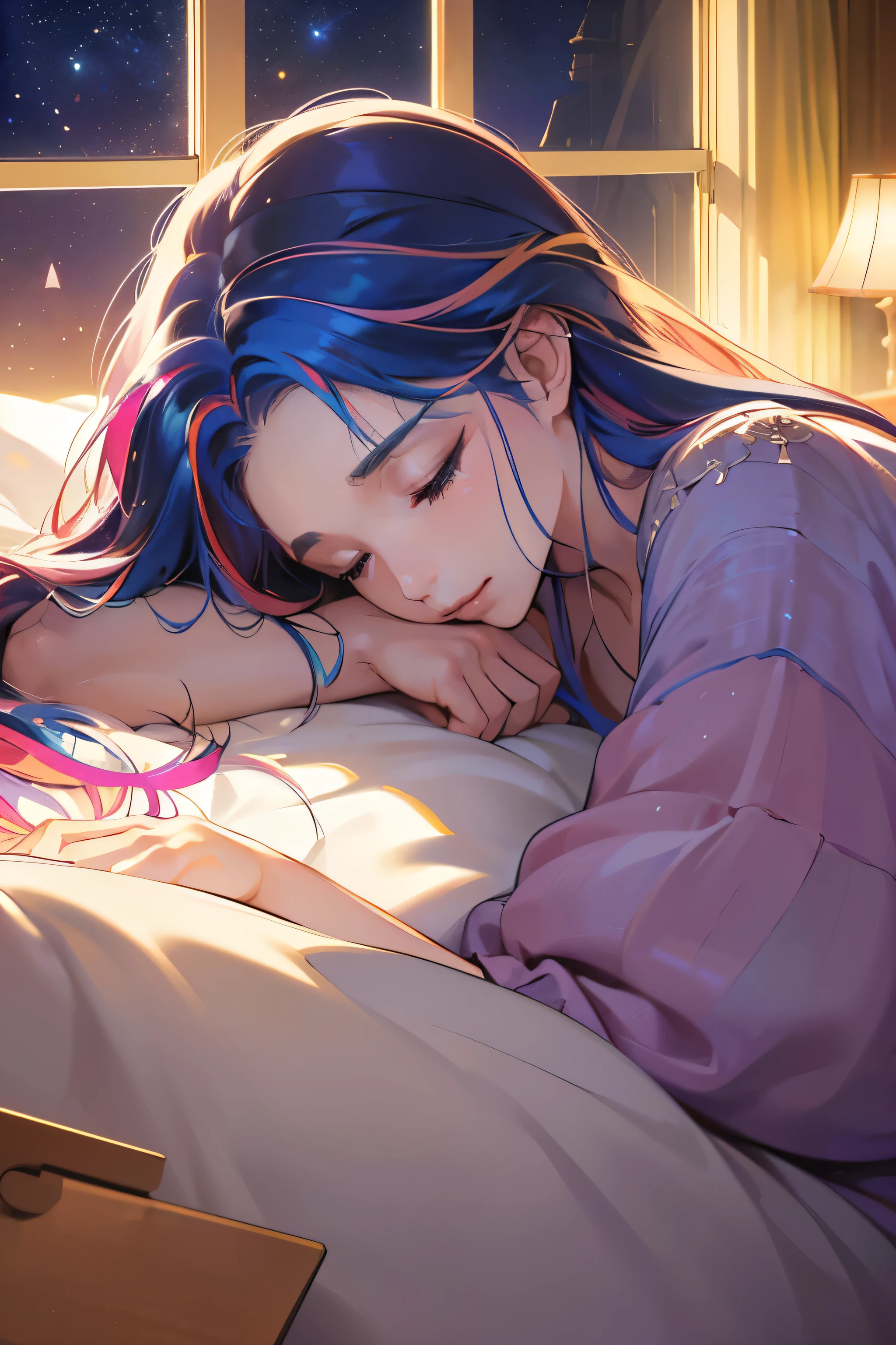 (best quality,8k,ultra-detailed:1.2),(CG,CG art,3D rendering),(masterpiece:1.2),(Crawling on the table)(pijama clothing),(movie lighting,futuristic),(woman lying in bed,sleeping,closed eyes),(large window behind her,tranquil night),(colorful hair:1.5)