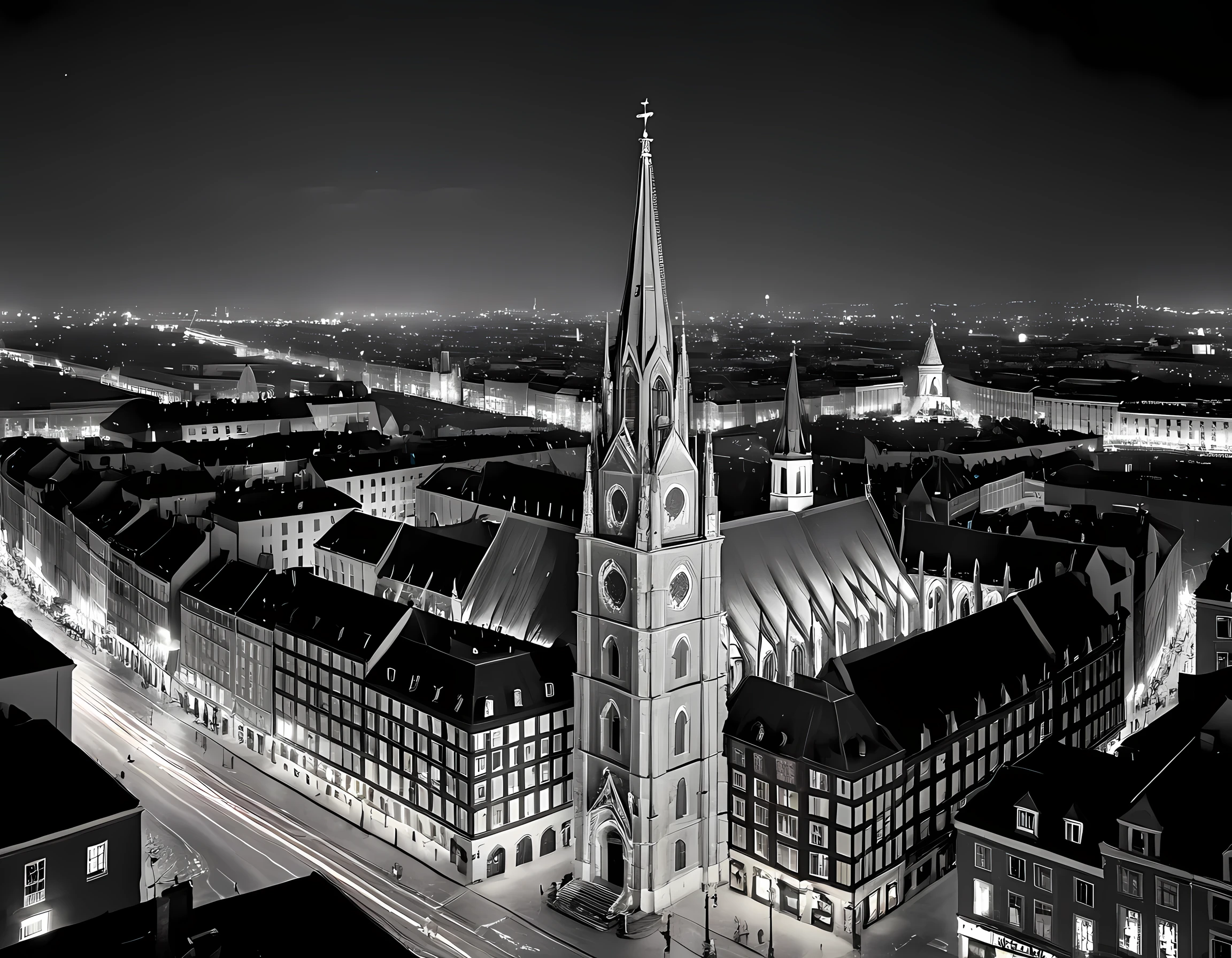  a black and white picture of an European city sky line view in the beginning of 20th century you can see, the church (intricate detailed, Masterpiece, best quality: 1.4), city center (intricate detailed, Masterpiece, best quality: 1.4), and some towers, its night time, the sky is full of stars, and the city is lit by lamps,  made by a late 19th century camera, star