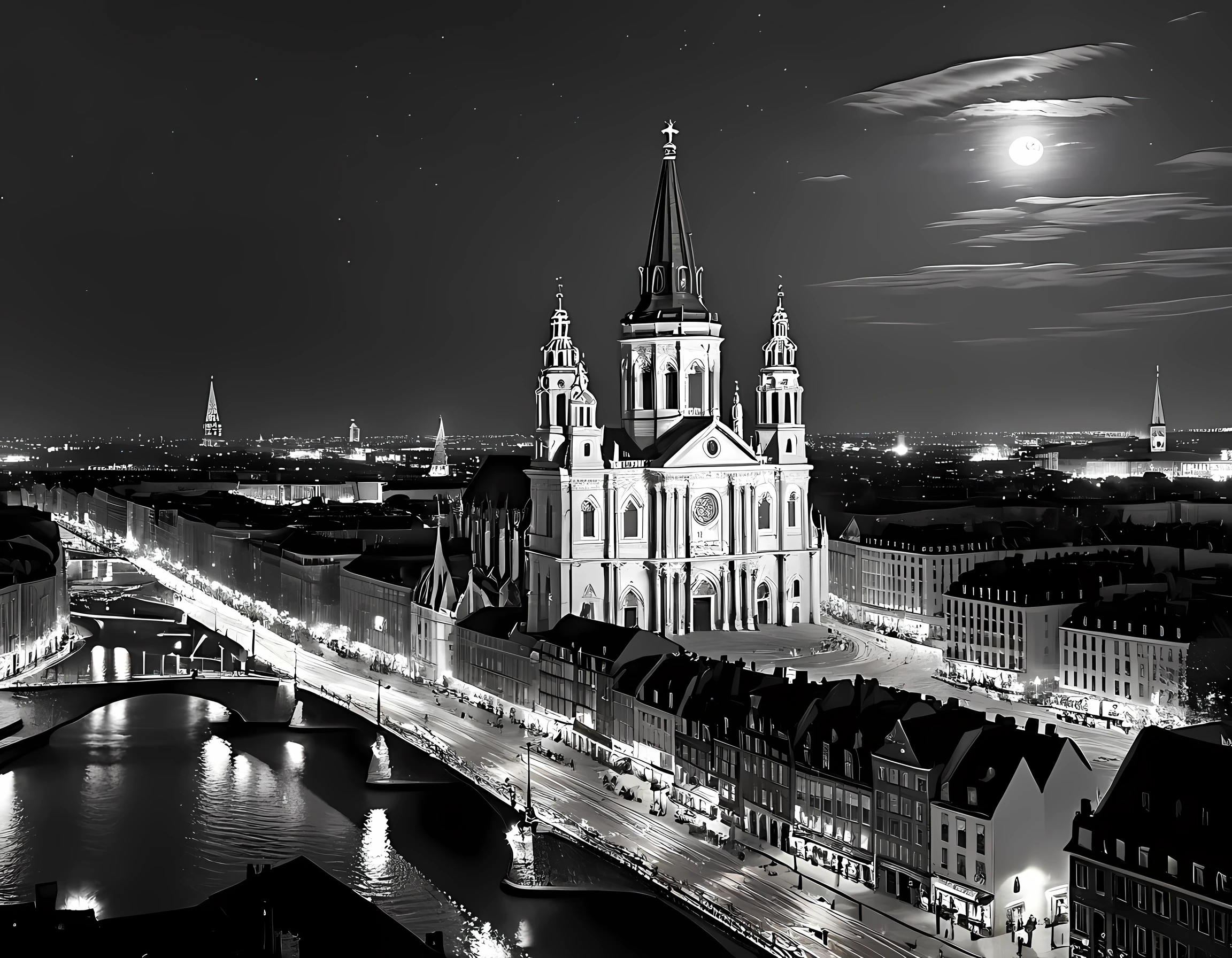  a black and white picture of an European city sky line view in the beginning of 20th century you can see, the church (intricate detailed, Masterpiece, best quality: 1.4), city center (intricate detailed, Masterpiece, best quality: 1.4), and some towers, its night time, the sky is full of stars, and the city is lit by lamps,  made by a late 19th century camera, star