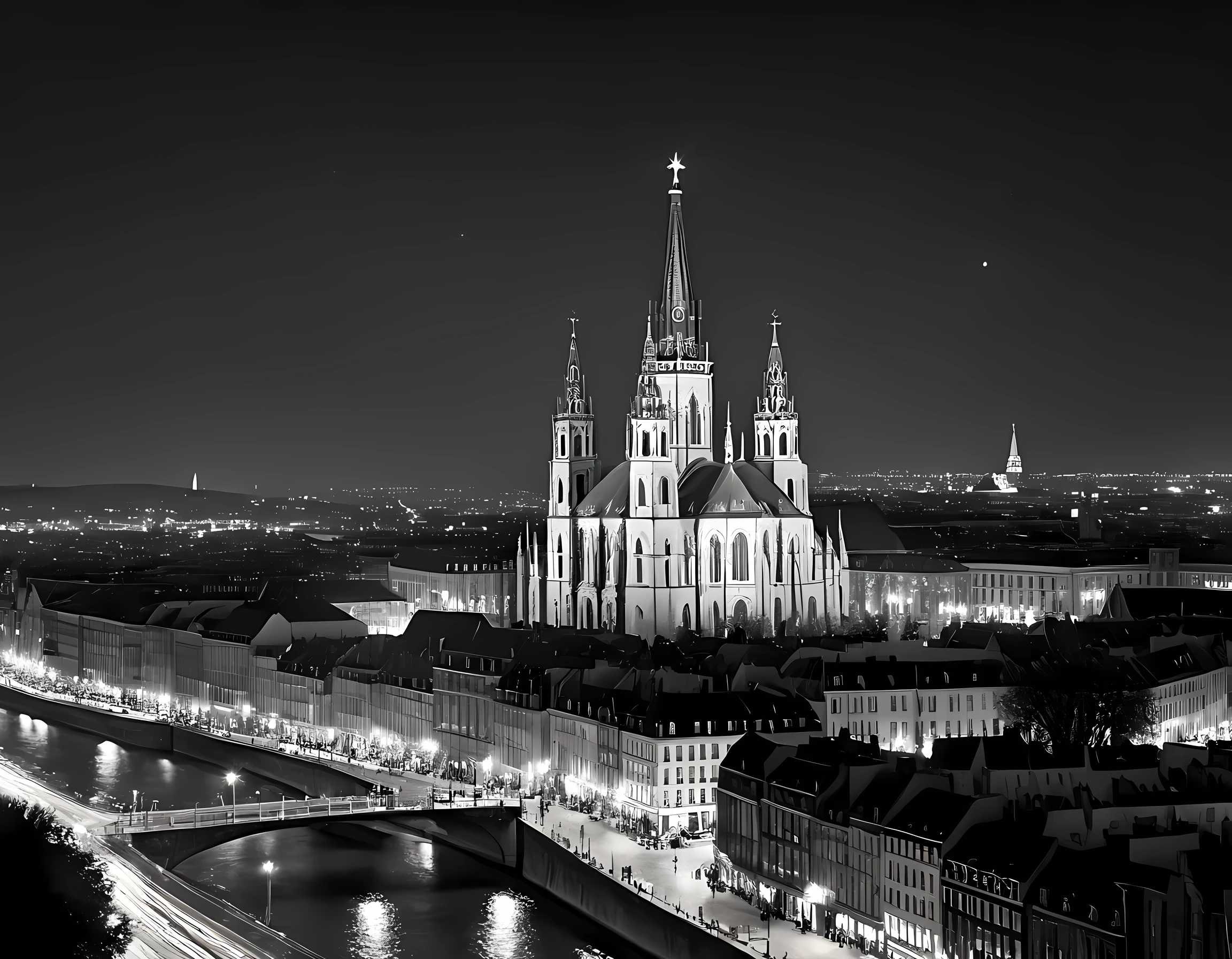  a black and white picture of an European city sky line view in the beginning of 20th century you can see, the church (intricate detailed, Masterpiece, best quality: 1.4), city center (intricate detailed, Masterpiece, best quality: 1.4), and some towers, its night time, the sky is full of stars, and the city is lit by lamps,  made by a late 19th century camera, star