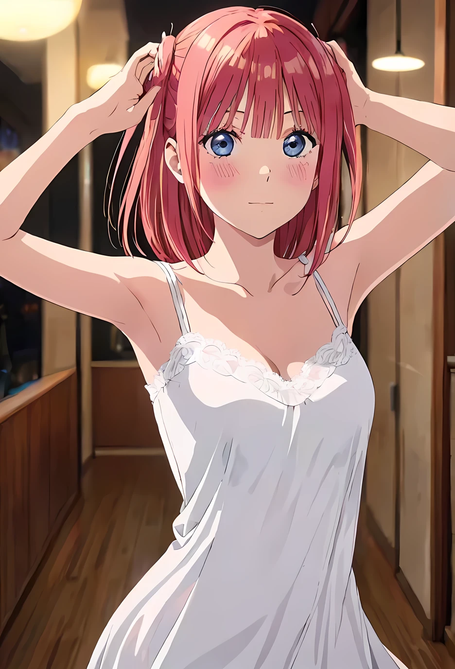 
Smile, smiley face, (1 girl) Sfw, nino nakano, pretty teenage girl with fluffy long pink silky hair, blue eyes making a cute face, aamiku, Nakano nino from The Quintessential Quintuplets, nino Nakano, masterpiece, 4k, ultradetailed, cowboy shot, nakano nino, pink red hair, blue eyes, sparkling eyes, night wear, white minimal simple nightwear matching set, white iridescent matching set, white satin and lace night vest, white satin and lace tank top with thin shoulder straps, white satin light night skirt, minimal outfit, simple outfit, all white outfit, full body, dynamic pose, moving, dynamism, hair between eyes, nightwear, perfect anatomy, perfect symmetry, perfect body

