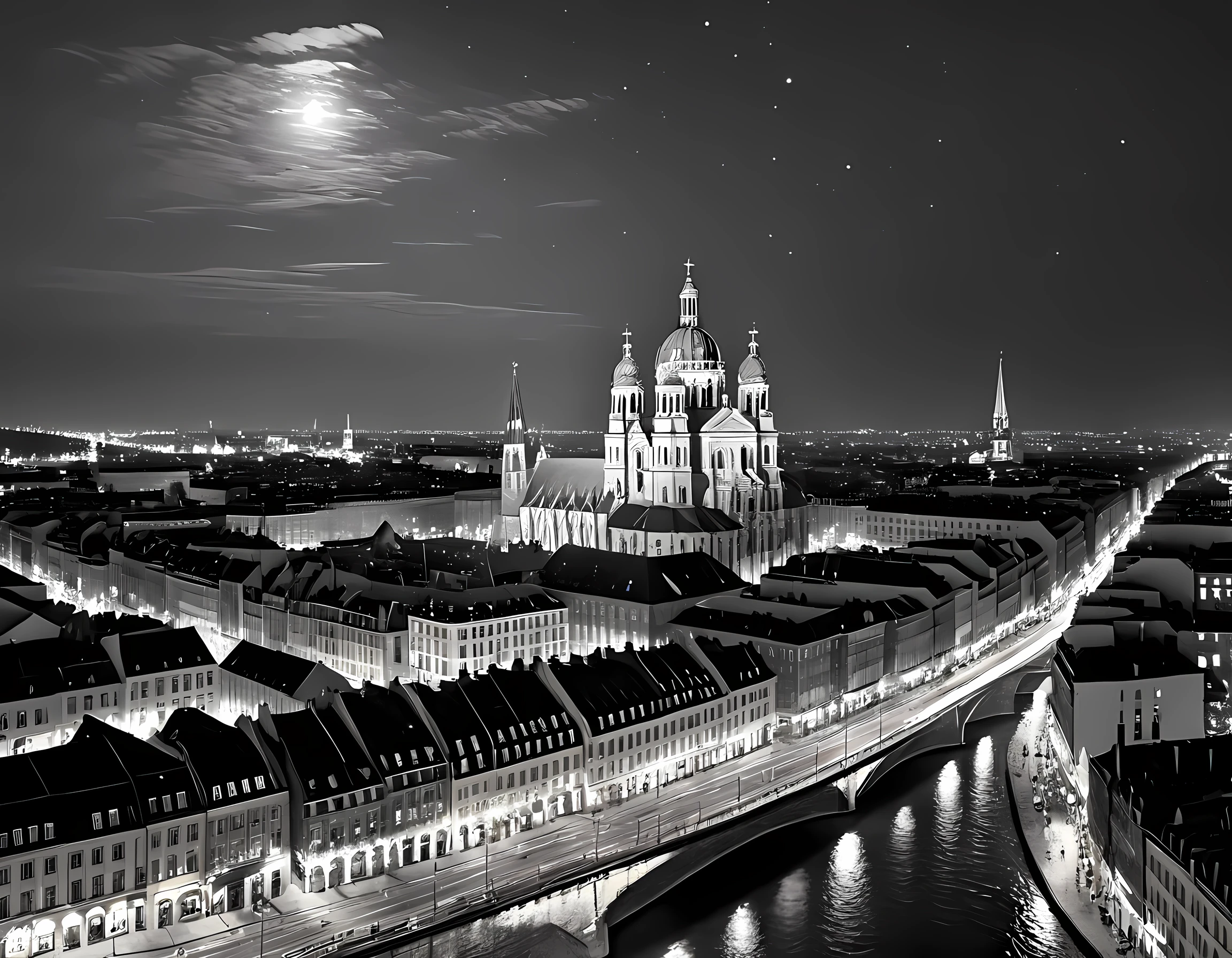  a black and white picture of an European city sky line view in the beginning of 20th century you can see, the church (intricate detailed, Masterpiece, best quality: 1.4), city center (intricate detailed, Masterpiece, best quality: 1.4), and some towers, its night time, the sky is full of stars, and the city is lit by lamps,  made by a late 19th century camera, star