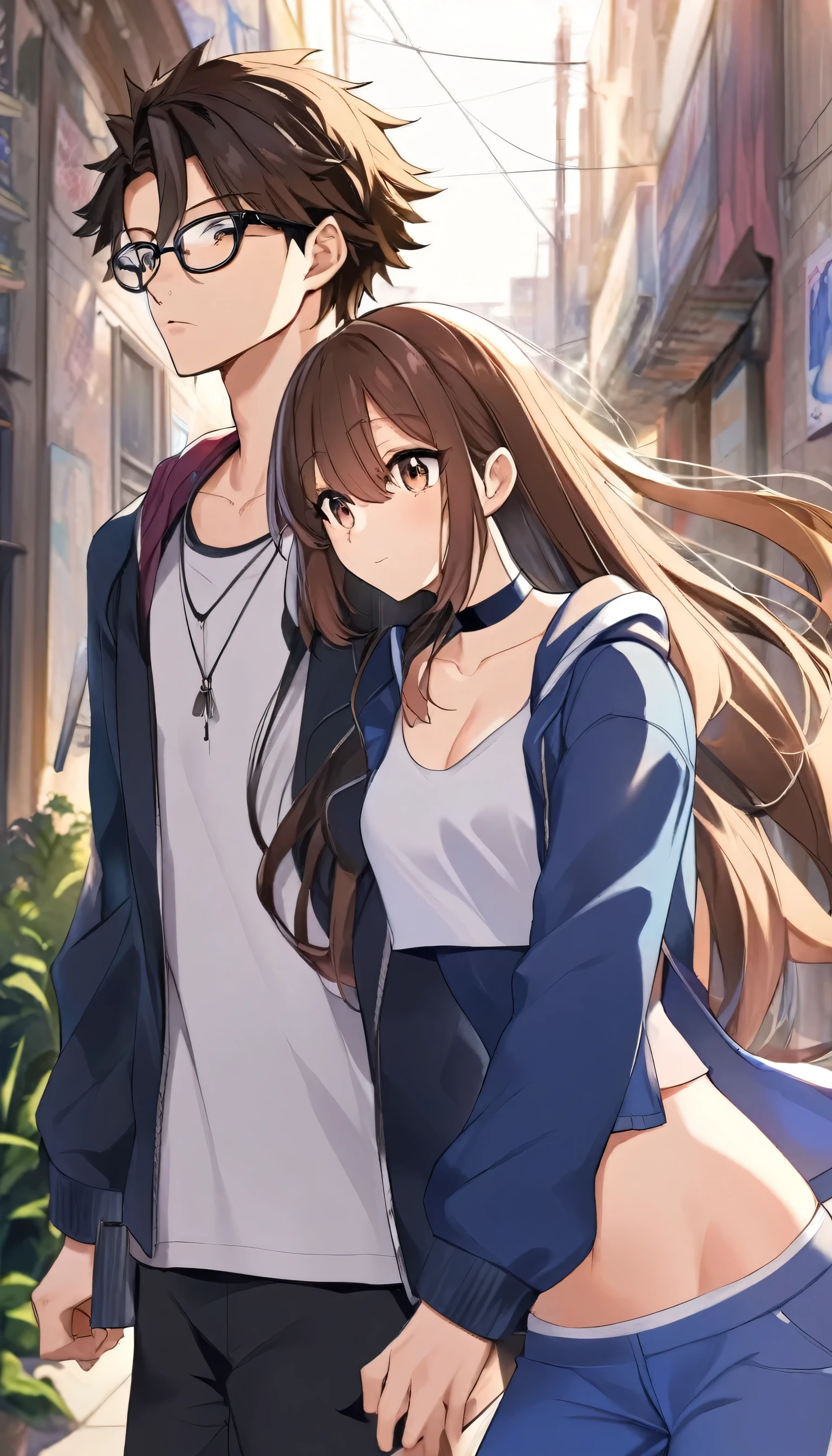 anime, two people, one 18 year old female with long brown hair wearing a choker and a crop top and leggings and no glasses, the other person is an 19 year old male with short dark brown hair and black rimmed glasses and an jacket, they are boyfriend and girlfriend