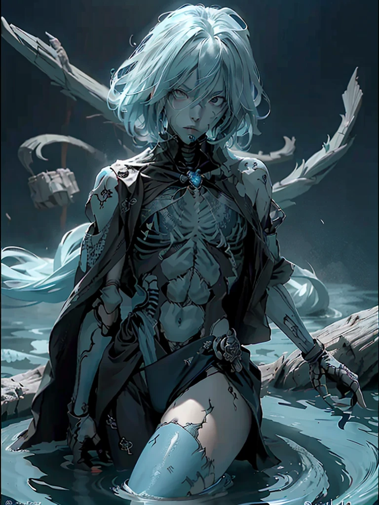 a man that is standing in the water, skeleton pirate, anime style artwork, blue veins, striking artstyle, half - body, brook, bursting with blue light, ribcage, high detailed official artwork, rotten, in water, chest coverd, blue energy