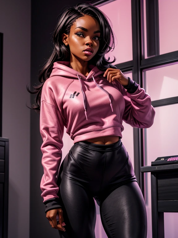 {(Sha'Carri Richardson, legging preto de couro, pink sweatshirt fleece hoodies, sensual)perfect symmetrical body, cintura fina, coxas musculosas}.