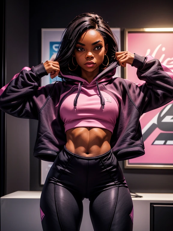 {(Sha'Carri Richardson, legging preto de couro, pink sweatshirt fleece hoodies, sensual)perfect symmetrical body, cintura fina, coxas musculosas}.