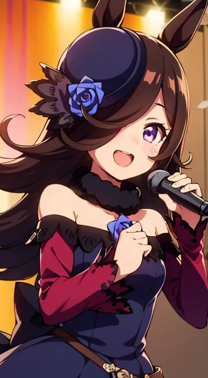 (Tabletop.highest quality)、One Girl、Black Hair、length、Purple eyes、Uma Musume、Horse-eared girl、Laughter、Laughter、(Background Live Stage:1.4).(Light background:1.1)、(dynamism:0.8)