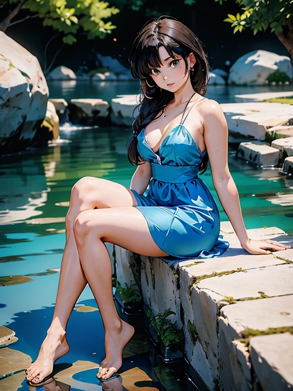 Anime de cabello oscuro con vestido blanco., 16 years, cuerpo bonito, senos grandes, com as manos en el pecho, manos en el pecho, chica sexy, cabello cafe brillo negro, reflejos del cabello lateral, mechones de pelo en el costado de la cara, beautiful lighting, sombras suaves, ojos azules, bonitas piernas, pelo largo, estilo anime, personaje kasumi tendo, Autora Rumiko Takahashi, Basado en obra de Rumiko Takahashi, Anime Ranma 1/ 2, sexy decoration, cadera robusta, cuerpo entero, cuerpo entero, busto grande, chica joven con cuerpo hermoso y hermoso, sandalias en sus pies, g, 45° viewing angle, al aire libre, gran pecho, hermosos pechos, pelo negro, sandalias en los pies, bonitas piernas, sexy, hermosas piernas, Sandalias, senos grandes