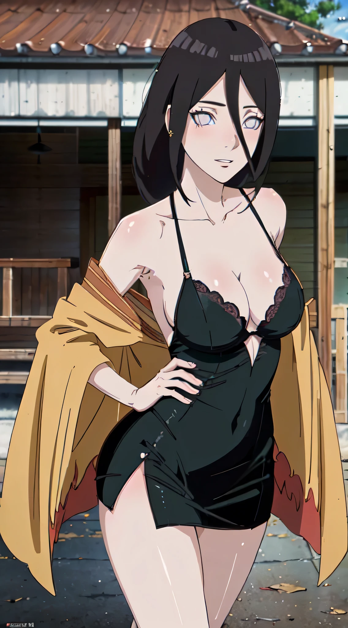 ((((masterpiece, best quality, high resolution)))), 1girl, average breasts, blush, light smile, parted lips, glow, thighs, bare shoulders, collarbone, narrow waist, cleavage, (masterpiece), (beautiful detailed face, beautiful detailed eyes), (hanabi\(boruto\)