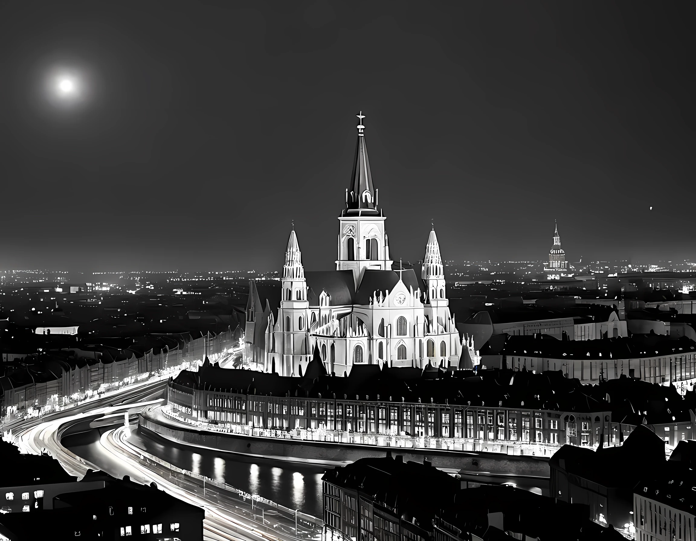  a black and white picture of an European city sky line view in the beginning of 20th century you can see, the church (intricate detailed, Masterpiece, best quality: 1.4), city center (intricate detailed, Masterpiece, best quality: 1.4), and some towers, its night time, the sky is full of stars, and the city is lit by lamps,  made by a late 19th century camera, star