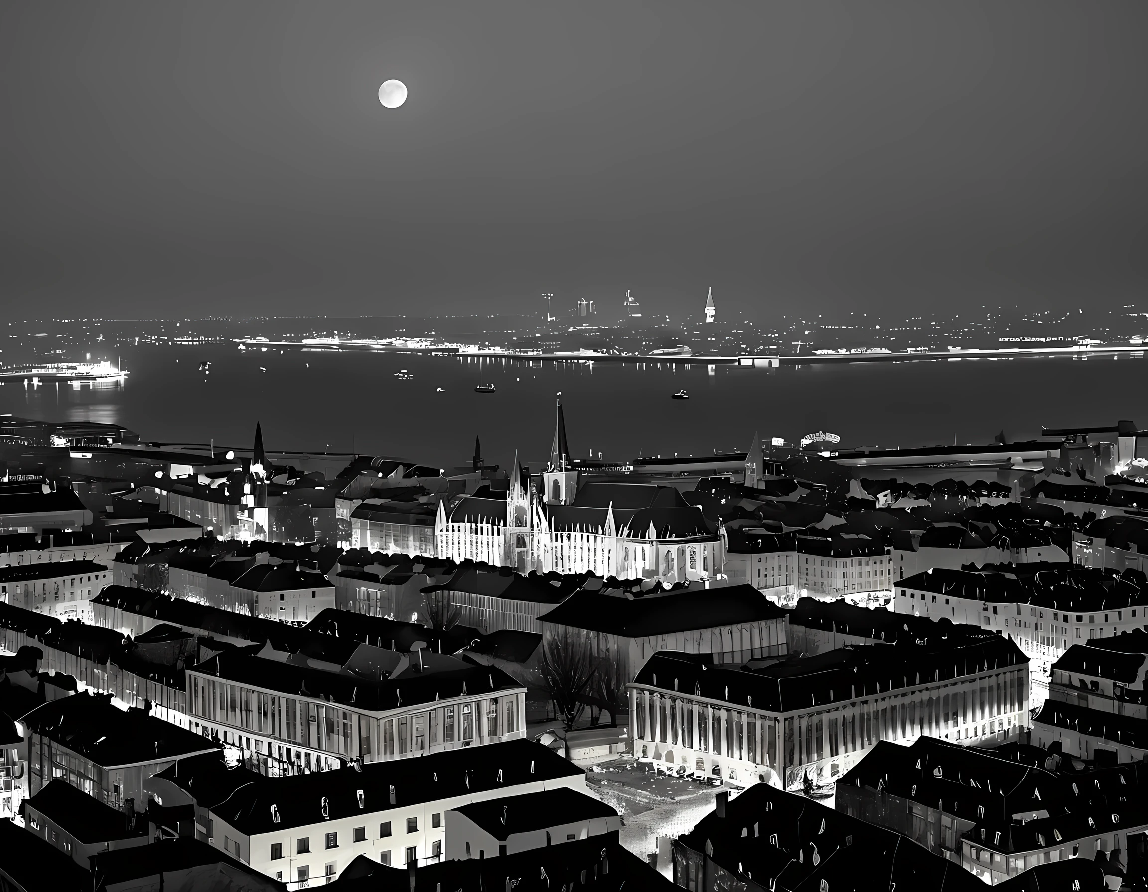  a black and white picture of an European city sky line view in the beginning of 20th century you can see, the church (intricate detailed, Masterpiece, best quality: 1.4), city center (intricate detailed, Masterpiece, best quality: 1.4), and some towers, its night time, the sky is full of stars, and the city is lit by lamps,  made by a late 19th century camera, star