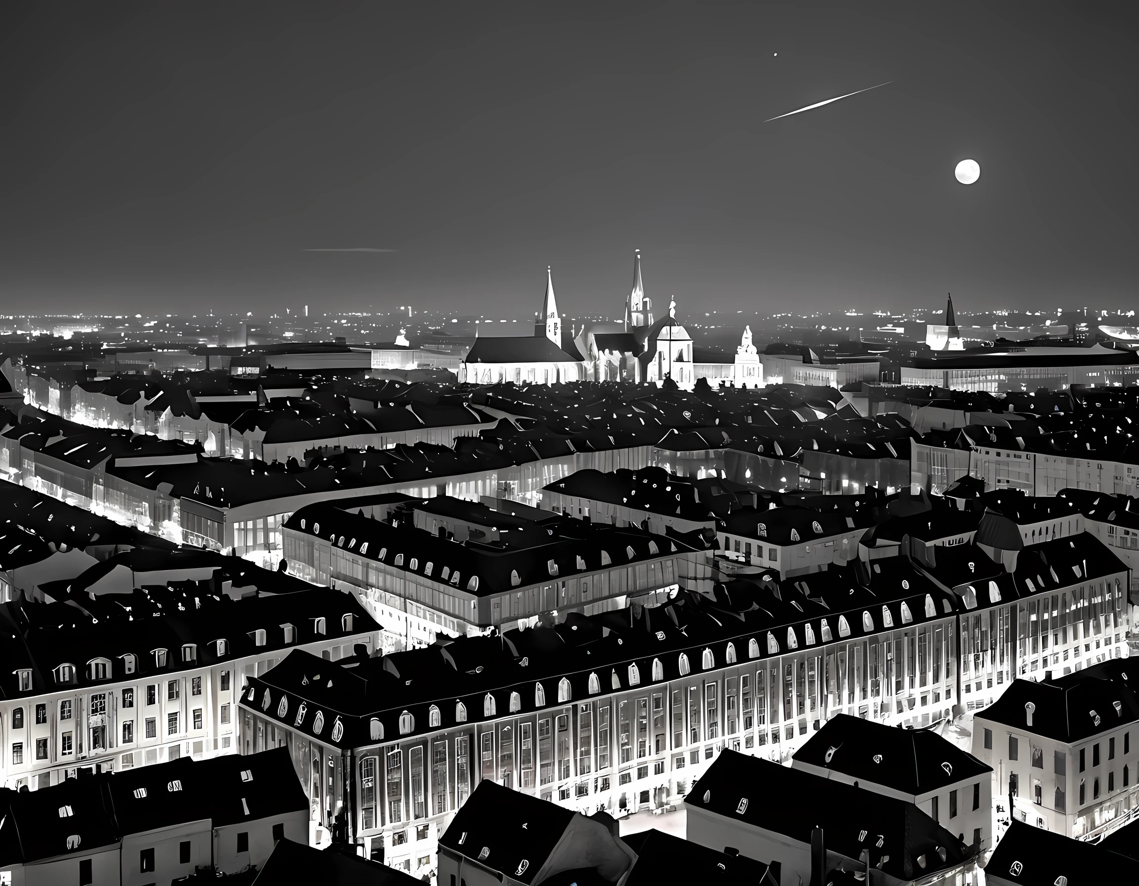  a black and white picture of an European city sky line view in the beginning of 20th century you can see, the church (intricate detailed, Masterpiece, best quality: 1.4), city center (intricate detailed, Masterpiece, best quality: 1.4), and some towers, its night time, the sky is full of stars, and the city is lit by lamps,  made by a late 19th century camera, star