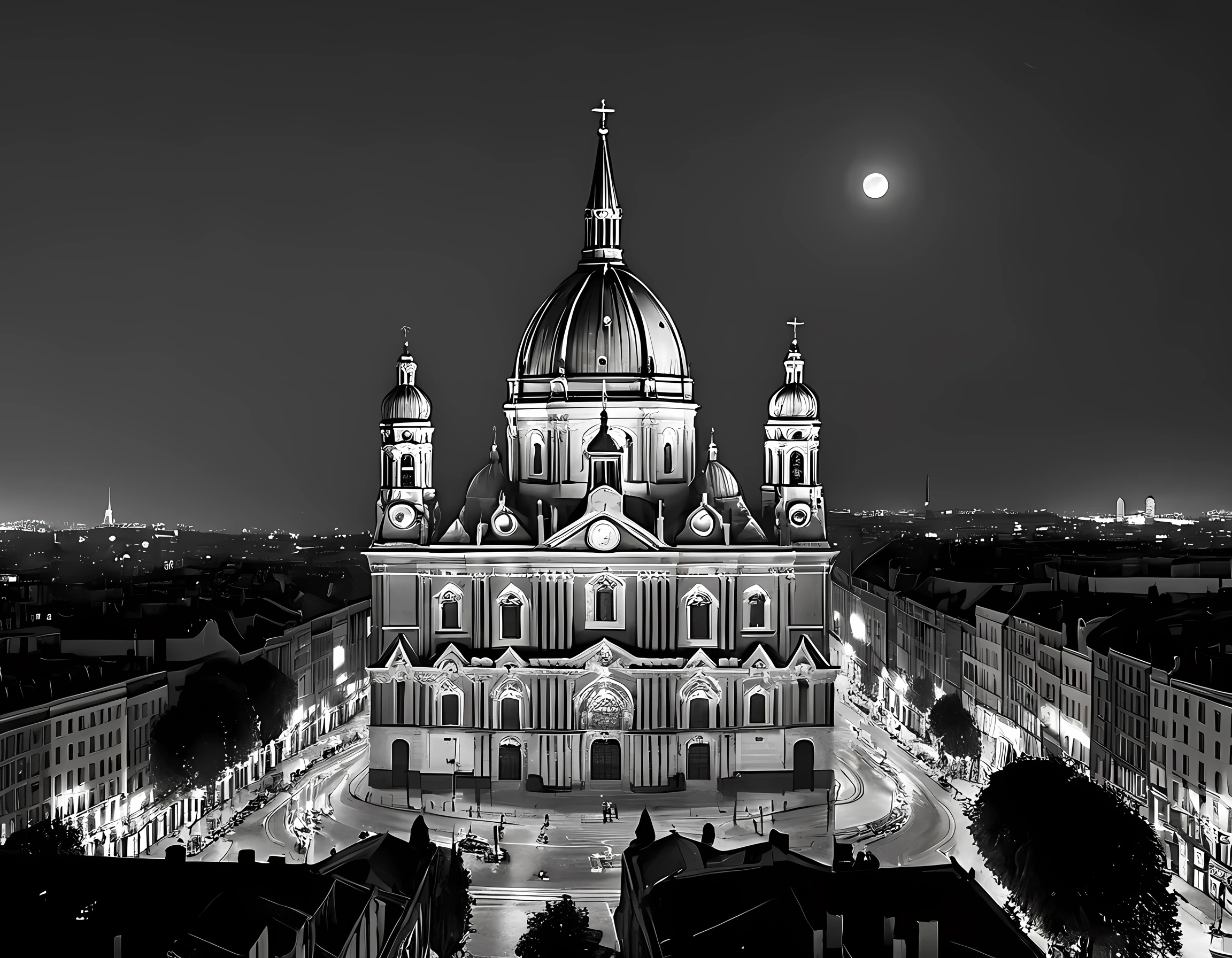  a black and white picture of an European city sky line view in the beginning of 20th century you can see, the church (intricate detailed, Masterpiece, best quality: 1.4), city center (intricate detailed, Masterpiece, best quality: 1.4), and some towers, its night time, the sky is full of stars, and the city is lit by lamps,  made by a late 19th century camera, star