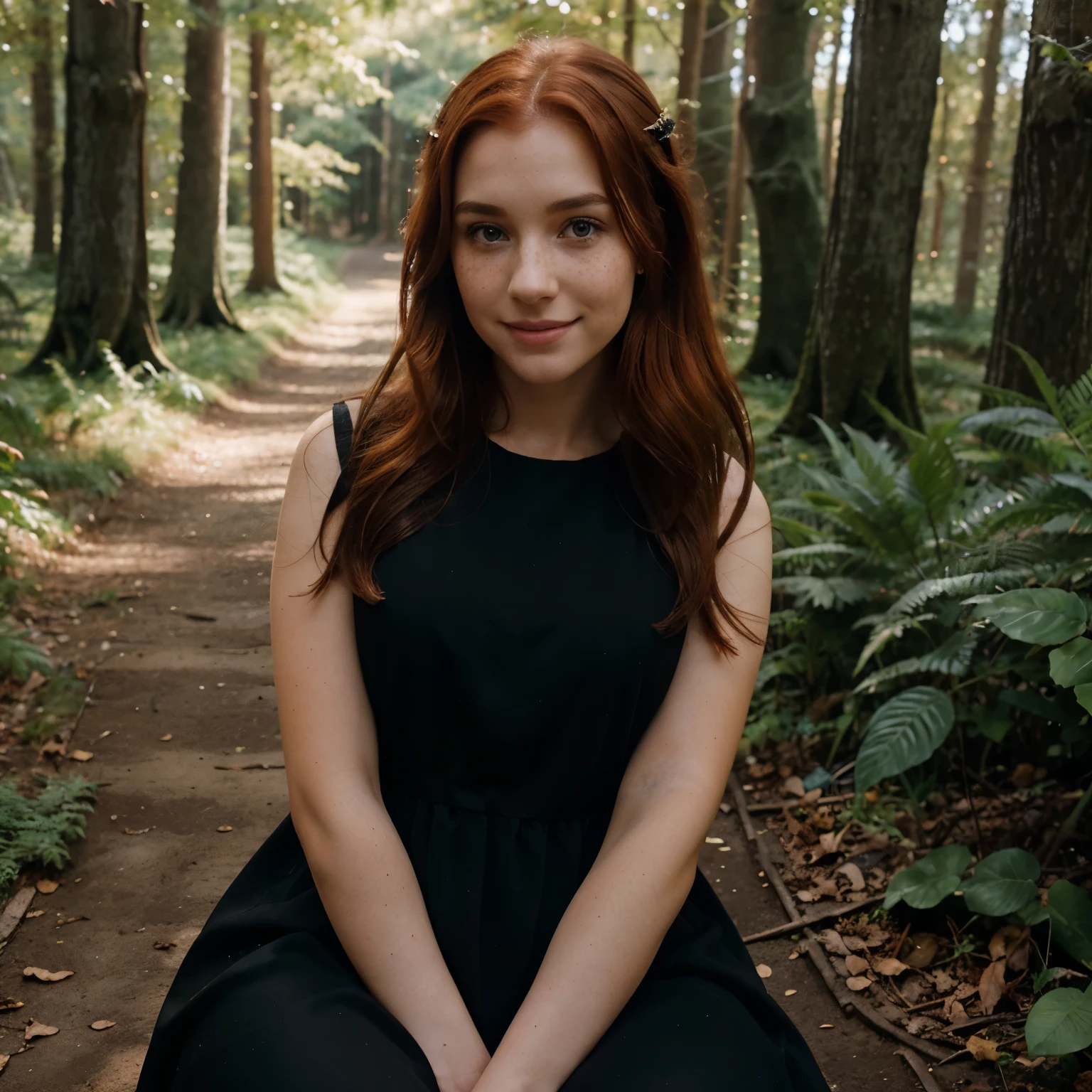 a girl with a big nose, with freckles, brown eyes, pale, with a large lock of red hair, sitting, in a black dress, mystical, in the forest, thin and elegant, mischievous smile