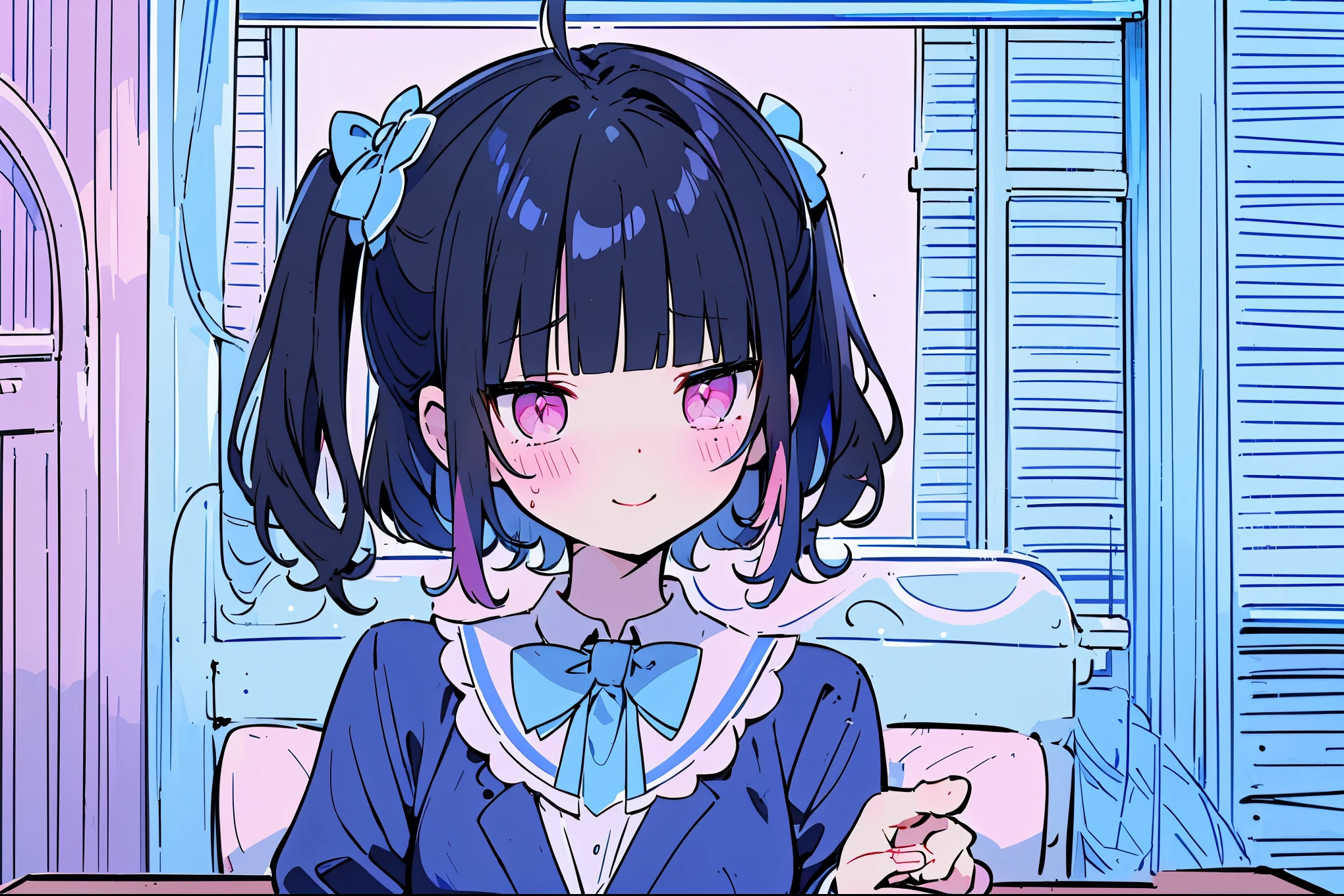 {{{{masterpiece}}}}, {{{Super detailed}}}, {{{high resolution}}},{{high resolution:1.3}}, {{good anatomy}}, (((best quality))), ((blueberry field,in school,indoor,blue theme,anime style,anime girl)),(((pink eyes,black hair streaked blue inside))),(big perfect eyes),(((formal suit in pure blue color))), hairclip, {8k cg wallpaper}, {{illustration,zoom in,focus on face,close-up shot, looking out a window}},((floating hair|blunt bangs|short hair|curly perm)),hair over shoulders,smile,(1girl:1), bride,solo,alone,(Color difference:1.2),emotionless,blushing,neat face,(medium breasts),((The details are complex、Shallow depth of field、movie lighting、a Canon EOS R5、50mm lens、f / 2.8、shot at 8k resolution))