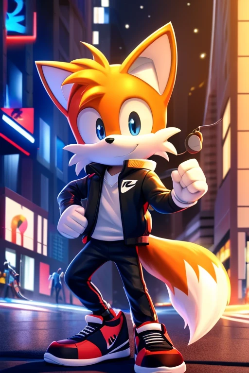 tails the fox happy, wearing white jacket with black t-shirt with rick astley stamp, a black jeans pants, wearing nike red and black sneakers, headphones in his neck, in the city, at night, dynamic lights, anime style, comic book style, digital art, intricated details, 8k