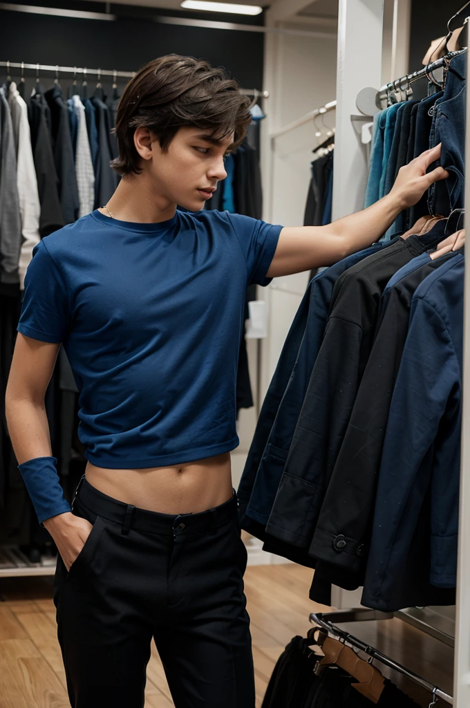 create an image of a boy buying a blue blouse and black pants in the clothing store With a blue blouse and pants