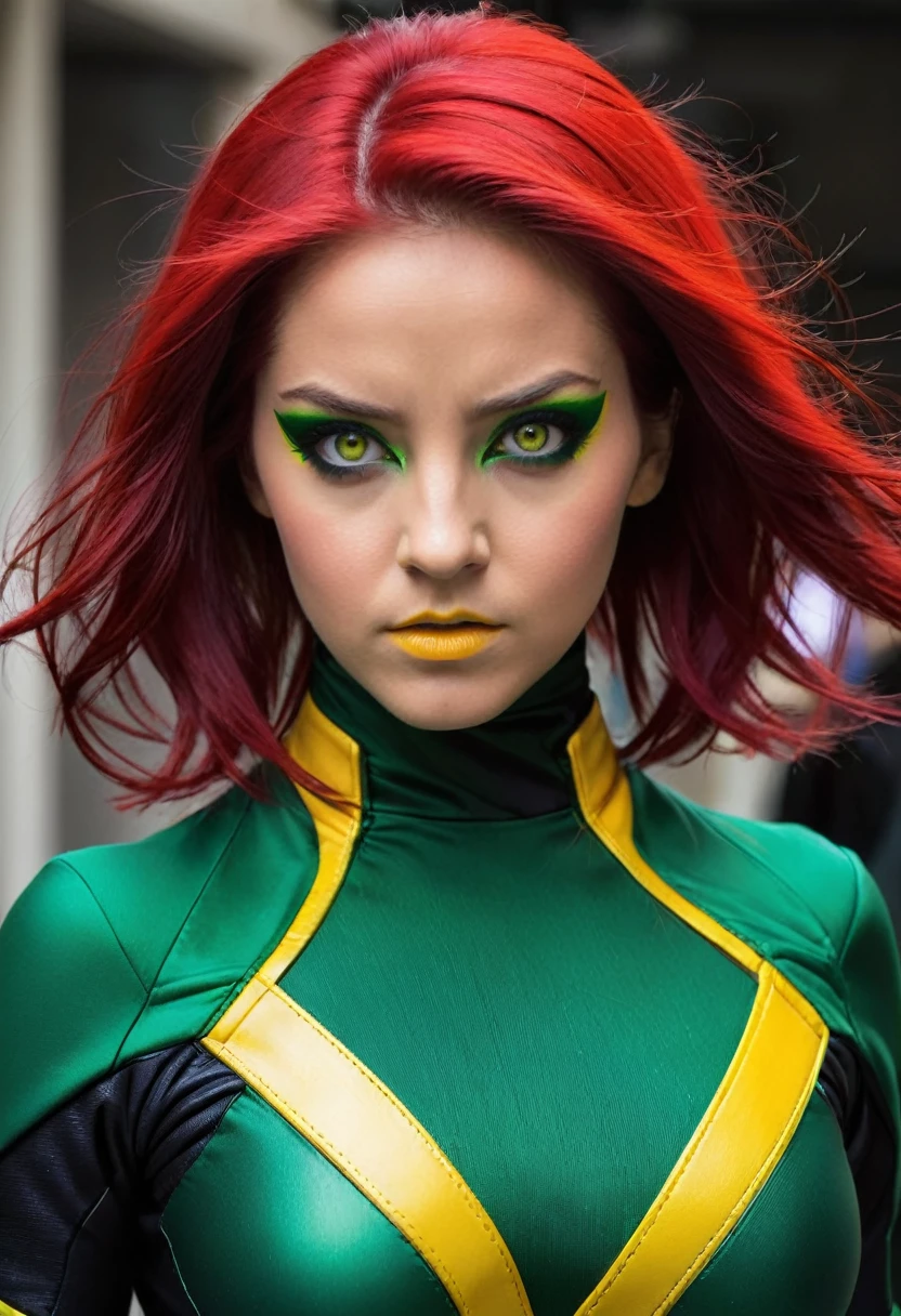 Una joven mujer de cabello blanco ojos rojos y un traje verde y amarillo de X-Men se encuentra en un taller con las manos en las caderas.