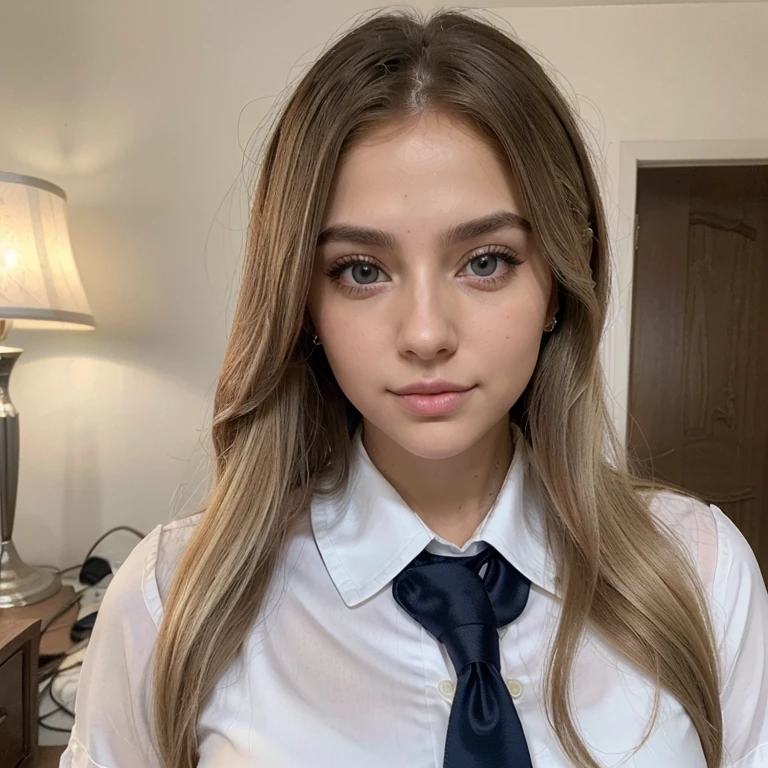 23 year old woman long hair light ash blonde, ojos claros color miel brillantes con vida mirada ignotica definidas sensual, labios hermoso y provocativos, manos reales completas humanas, pies definidos humanos reales, cuerpo hermoso definido bronceado hermoso, vestida con hermoso uniforme de colegiala al estilo cosplay, mini flada camisa blanca y corbata, sensual mischievous beautiful beautiful face defined in HD perfect real human flawless full body posing beautiful to the camera like a professional model