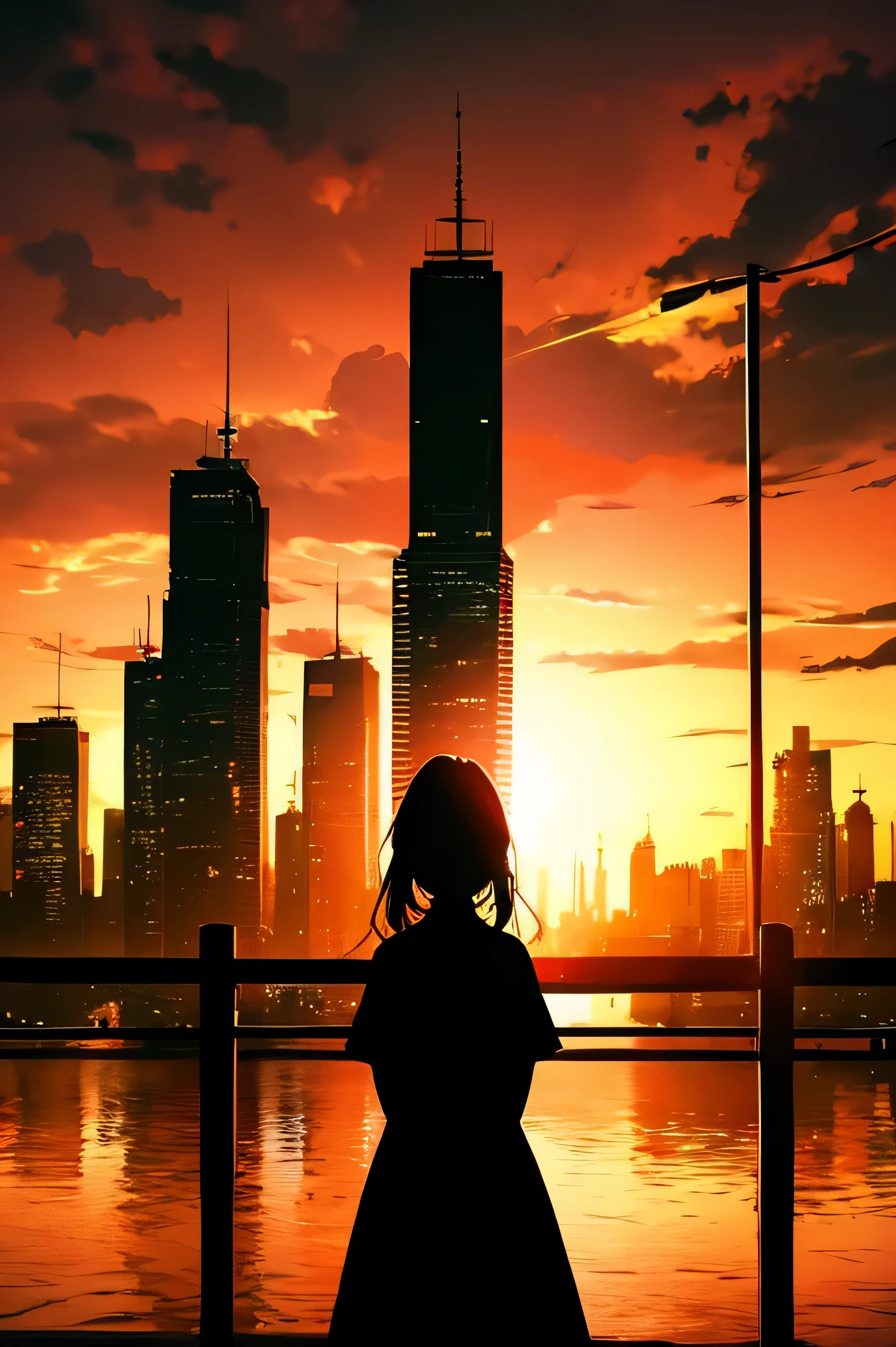 anime, (silhouette),1 girl, star (null), cloud, cityscape, building, city, Outdoor, nullscraper, city lights, night, night null, sunset, nullline