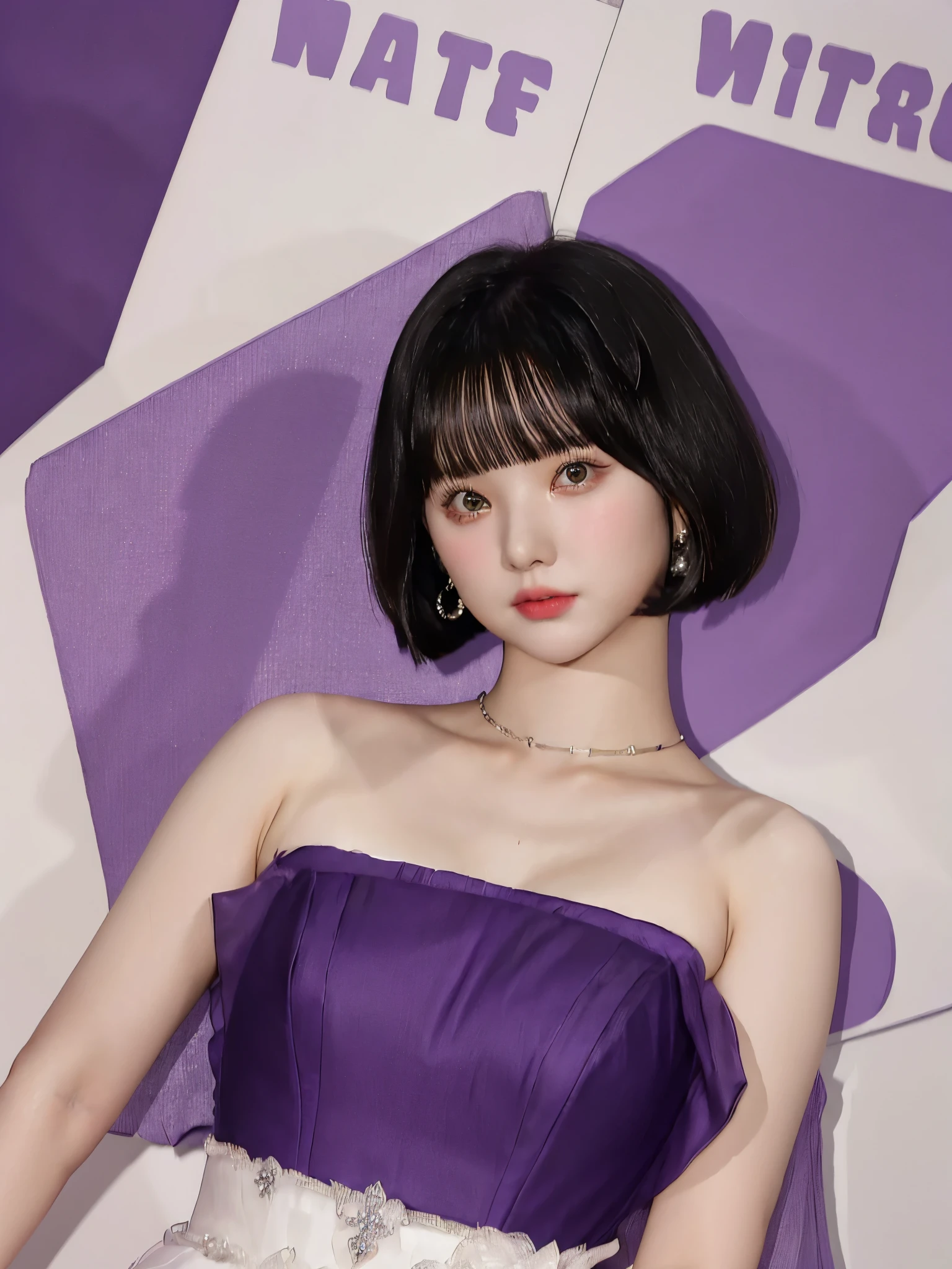 ((1girl)), bob haircut, fringe, black hair, ((purple dress)), short dress, strapless dress, white background, portrait