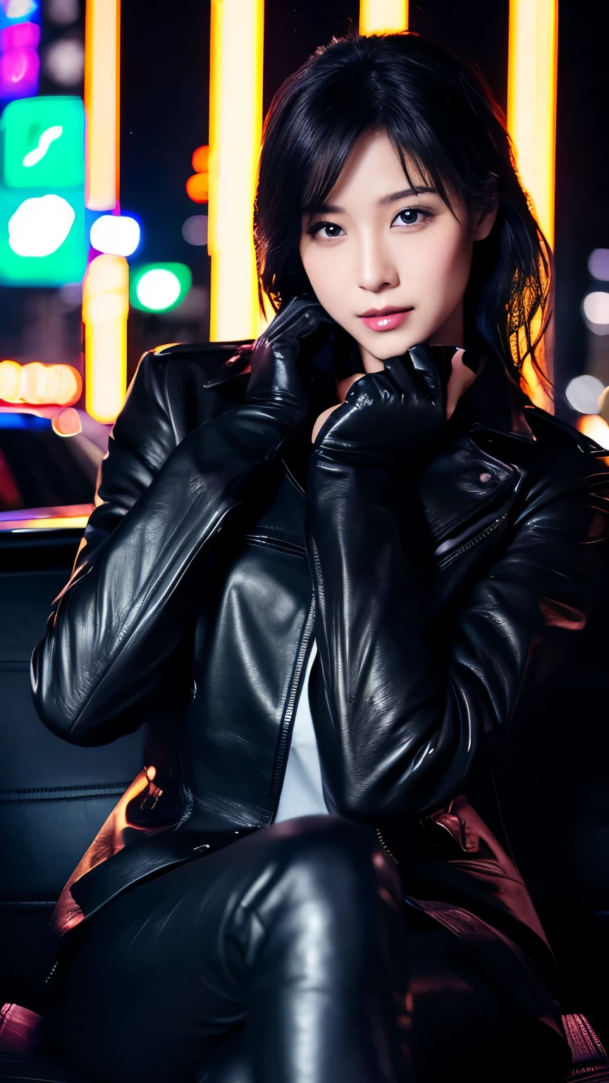 black leather rider jacket, Office in the Dark, Black leather gloved fingertips on both hands,Wearing black leather gloves,Sitting in a black leather chair、 Japanese female new recruits (Black leather gloves cover both hands) (The angle is horizontal)、Black Leather Pants,Black Leather Black Leather Pants,Black Leather Skinny Pants、Long black leather boots on both feet、Black hair ponytail ((He wears black leather gloves on his hands))Full Body Photo,full body shot full body full body leather suit,☺If you turn in this direction。Wearing black leather gloves,Wearing black leather gloves,Wearing black leather gloves,Wearing black leather gloves,Wearing black leather gloves,Wearing black leather gloves,黒のレザーパンツが美しい😍黒のレザーパンツが美しい😍黒のレザーパンツが美しい,😍Smiling while looking at me,City lights、((Neon Cyberpunk City Street:1.3))、(Neon Light)、Detailed lighting、
Best image quality、Ultra-high resolution、(realism:1.4)、Korean Beauty Star、The most beautiful KPOP stars、face、Horny Korean Makeup、A body that makes you want to touch it、Realistic leather texture、Costume made of smooth leather fabric、The drape of the curved parts of the leather fabric、The costume is very shiny、Quality of the costume、8K Photo Quality
